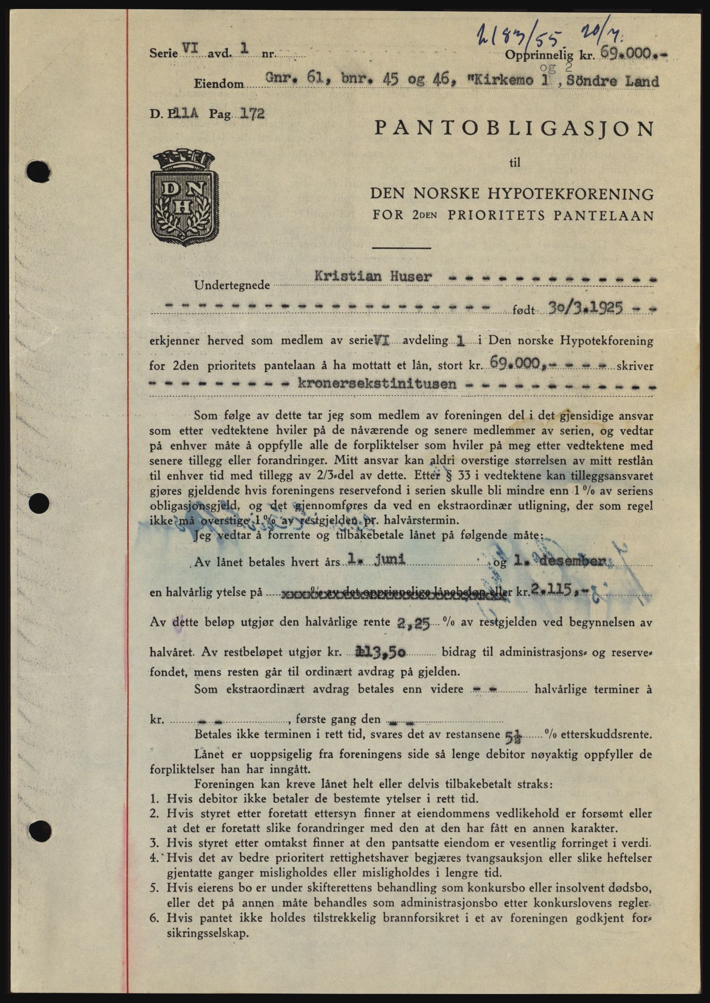 Hadeland og Land tingrett, SAH/TING-010/H/Hb/Hbc/L0032: Pantebok nr. B32, 1955-1955, Dagboknr: 2183/1955