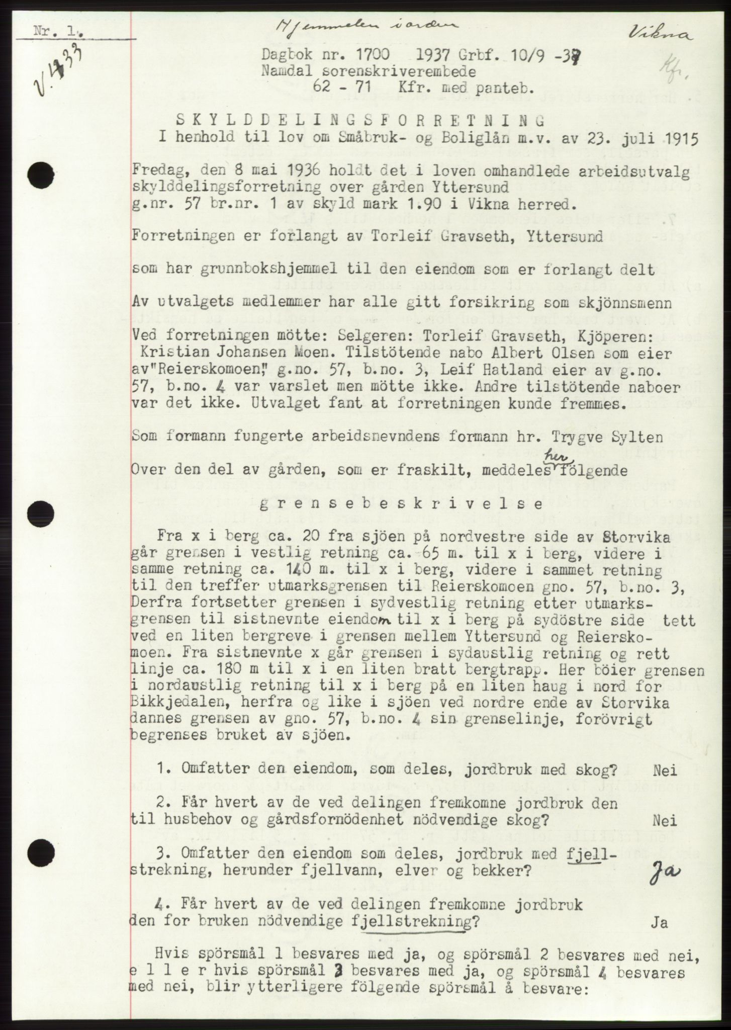 Namdal sorenskriveri, SAT/A-4133/1/2/2C: Pantebok nr. -, 1937-1939, Tingl.dato: 10.09.1937