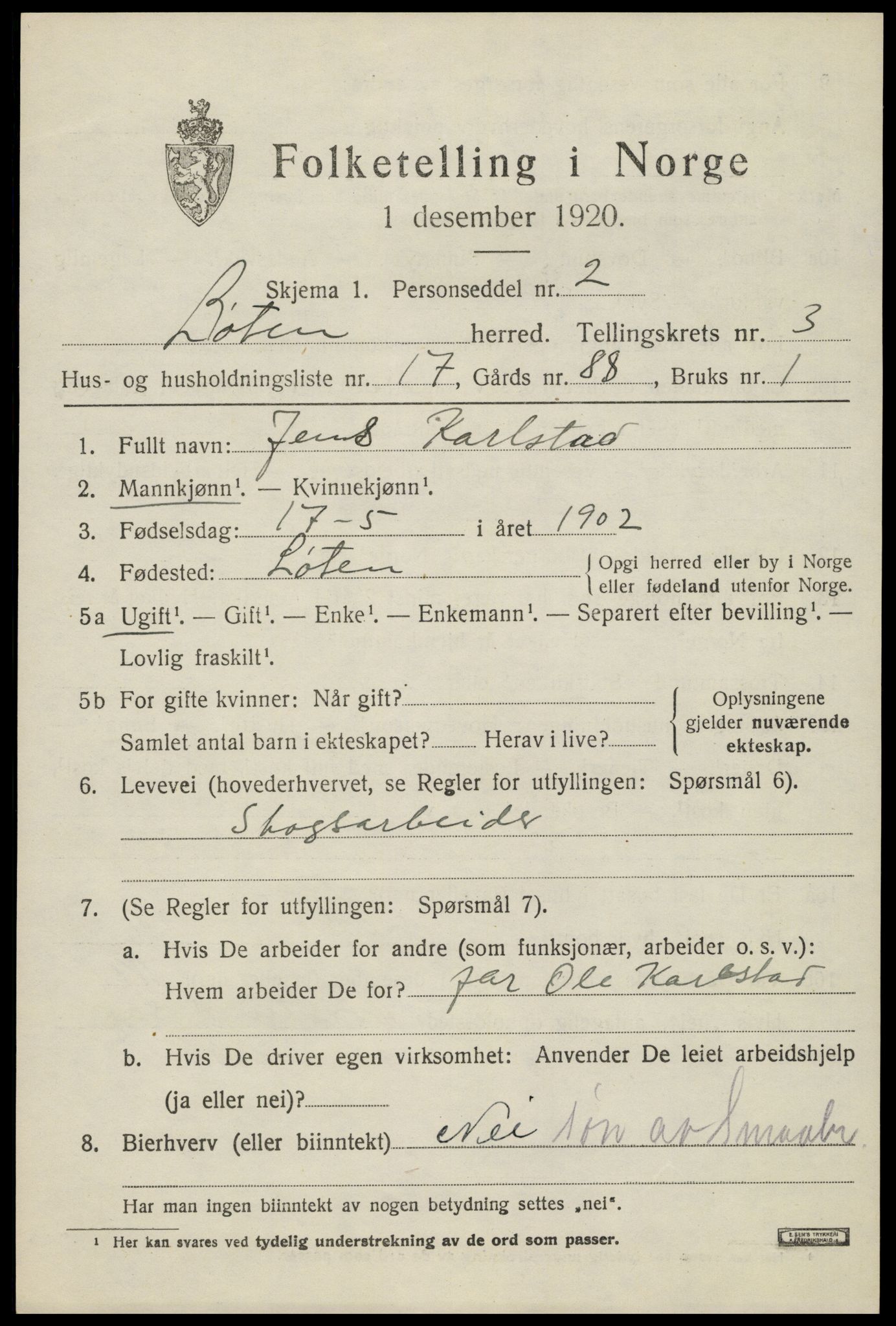 SAH, Folketelling 1920 for 0415 Løten herred, 1920, s. 7495