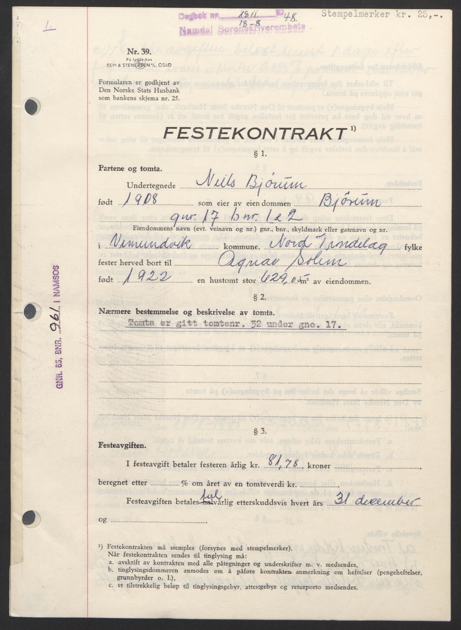 Namdal sorenskriveri, SAT/A-4133/1/2/2C: Pantebok nr. -, 1948-1948, Dagboknr: 1811/1948