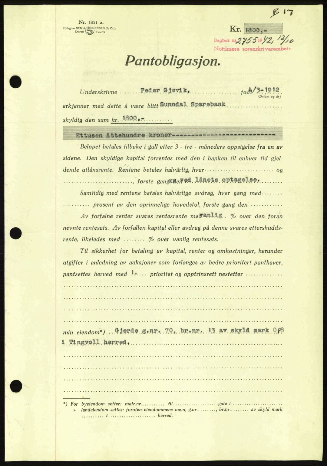 Nordmøre sorenskriveri, AV/SAT-A-4132/1/2/2Ca: Pantebok nr. B90, 1942-1943, Dagboknr: 2755/1942