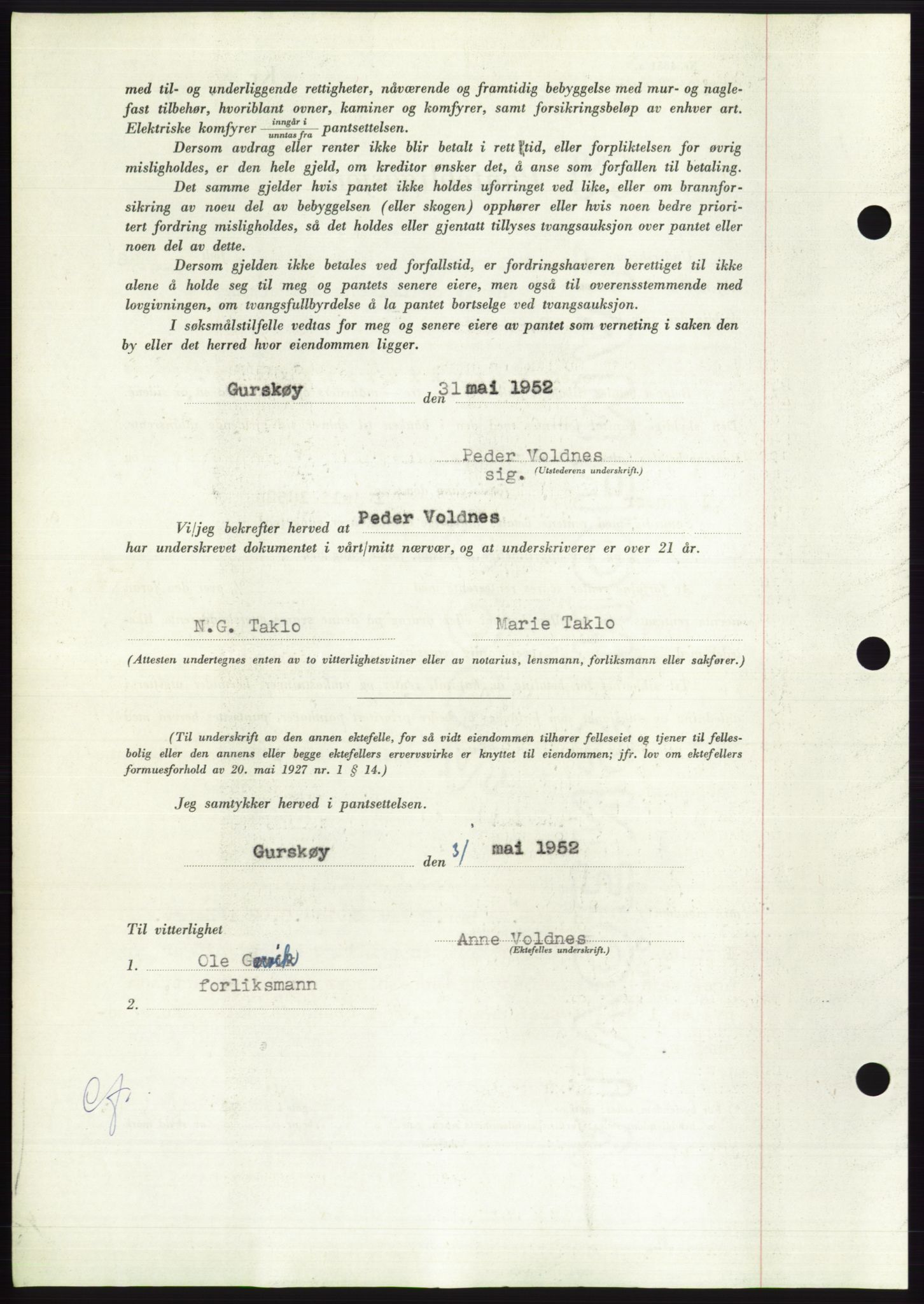 Søre Sunnmøre sorenskriveri, AV/SAT-A-4122/1/2/2C/L0121: Pantebok nr. 9B, 1951-1952, Dagboknr: 1464/1952