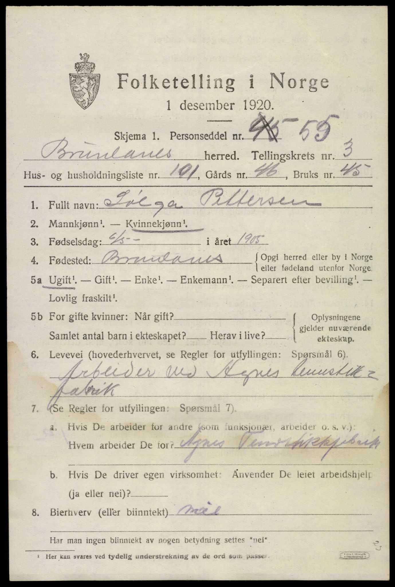 SAKO, Folketelling 1920 for 0726 Brunlanes herred, 1920, s. 6077