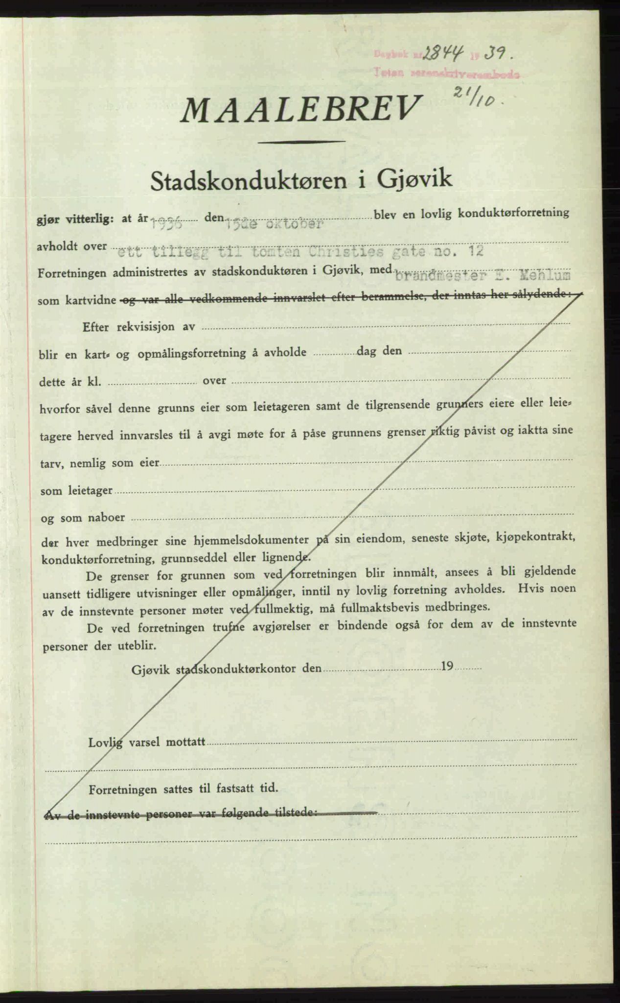 Toten tingrett, SAH/TING-006/H/Hb/Hbc/L0006: Pantebok nr. Hbc-06, 1939-1939, Dagboknr: 2844/1939