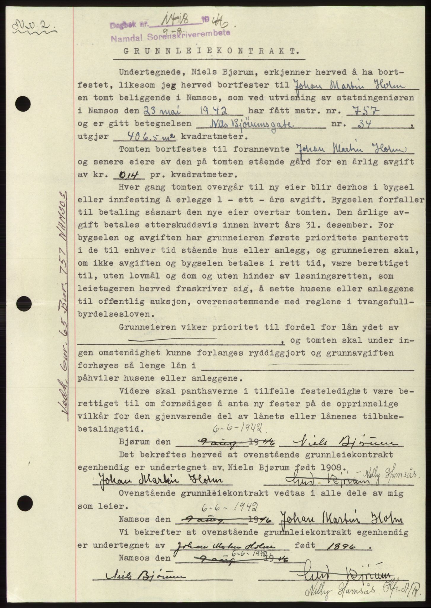 Namdal sorenskriveri, SAT/A-4133/1/2/2C: Pantebok nr. -, 1946-1946, Dagboknr: 1418/1946