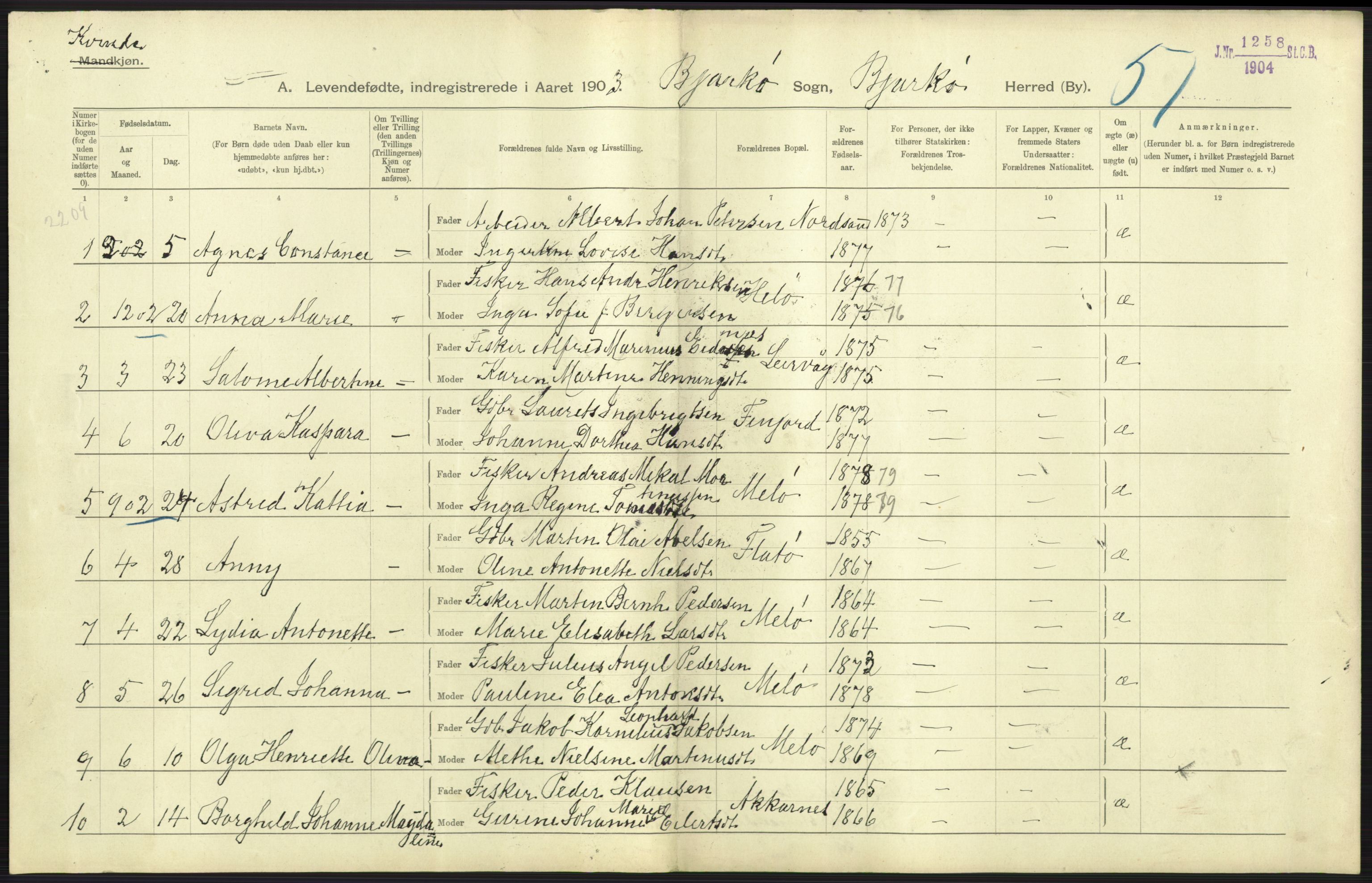 Statistisk sentralbyrå, Sosiodemografiske emner, Befolkning, AV/RA-S-2228/D/Df/Dfa/Dfaa/L0021: Tromsø amt: Fødte, gifte, døde., 1903, s. 57