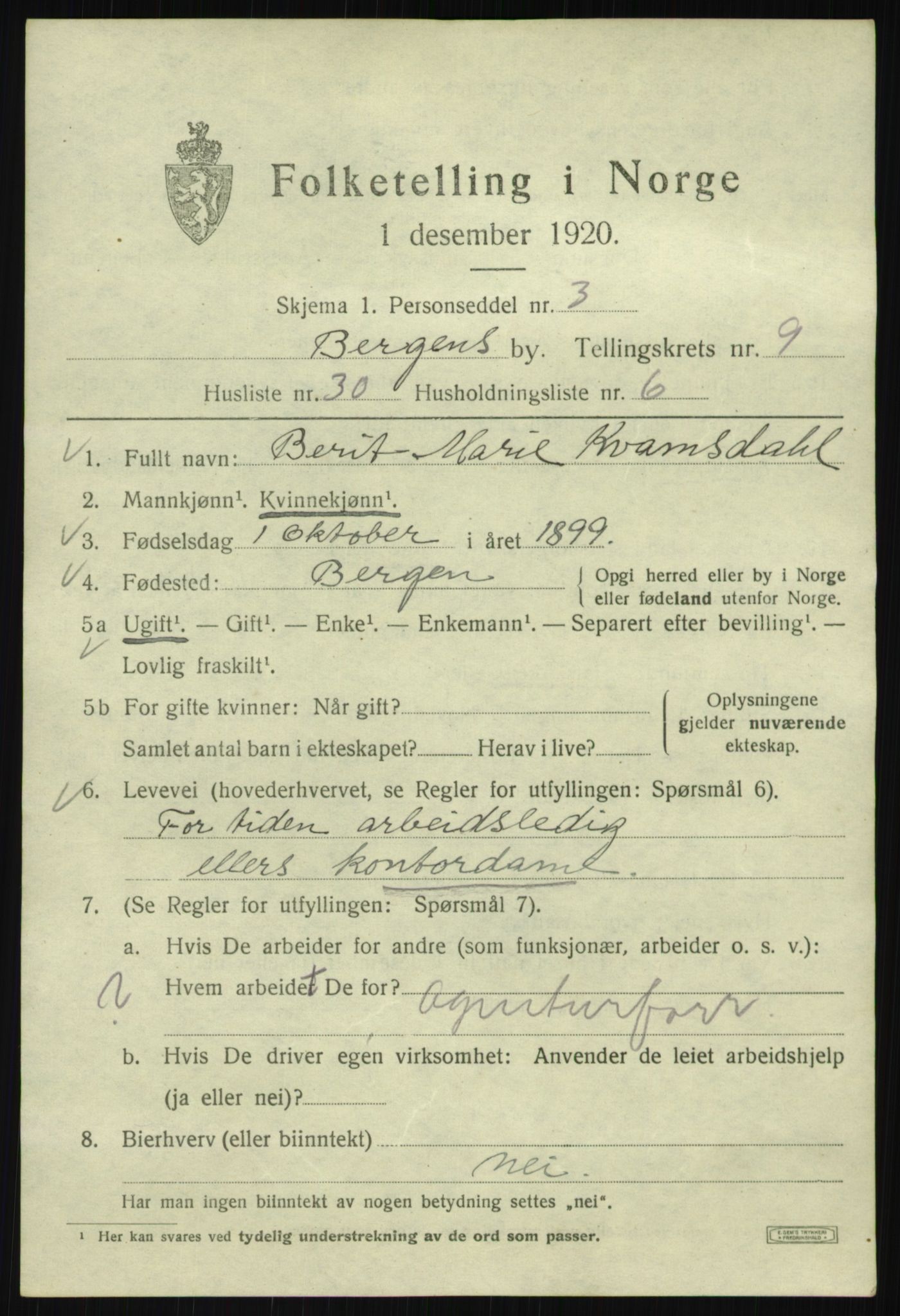 SAB, Folketelling 1920 for 1301 Bergen kjøpstad, 1920, s. 71335