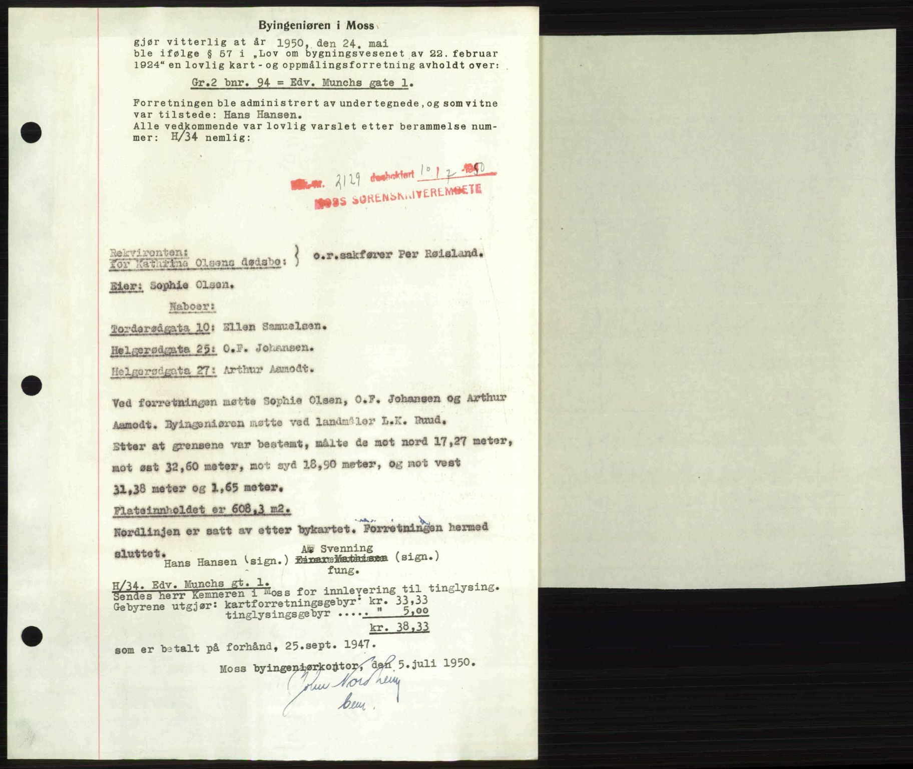 Moss sorenskriveri, SAO/A-10168: Pantebok nr. A26, 1950-1950, Dagboknr: 2129/1950