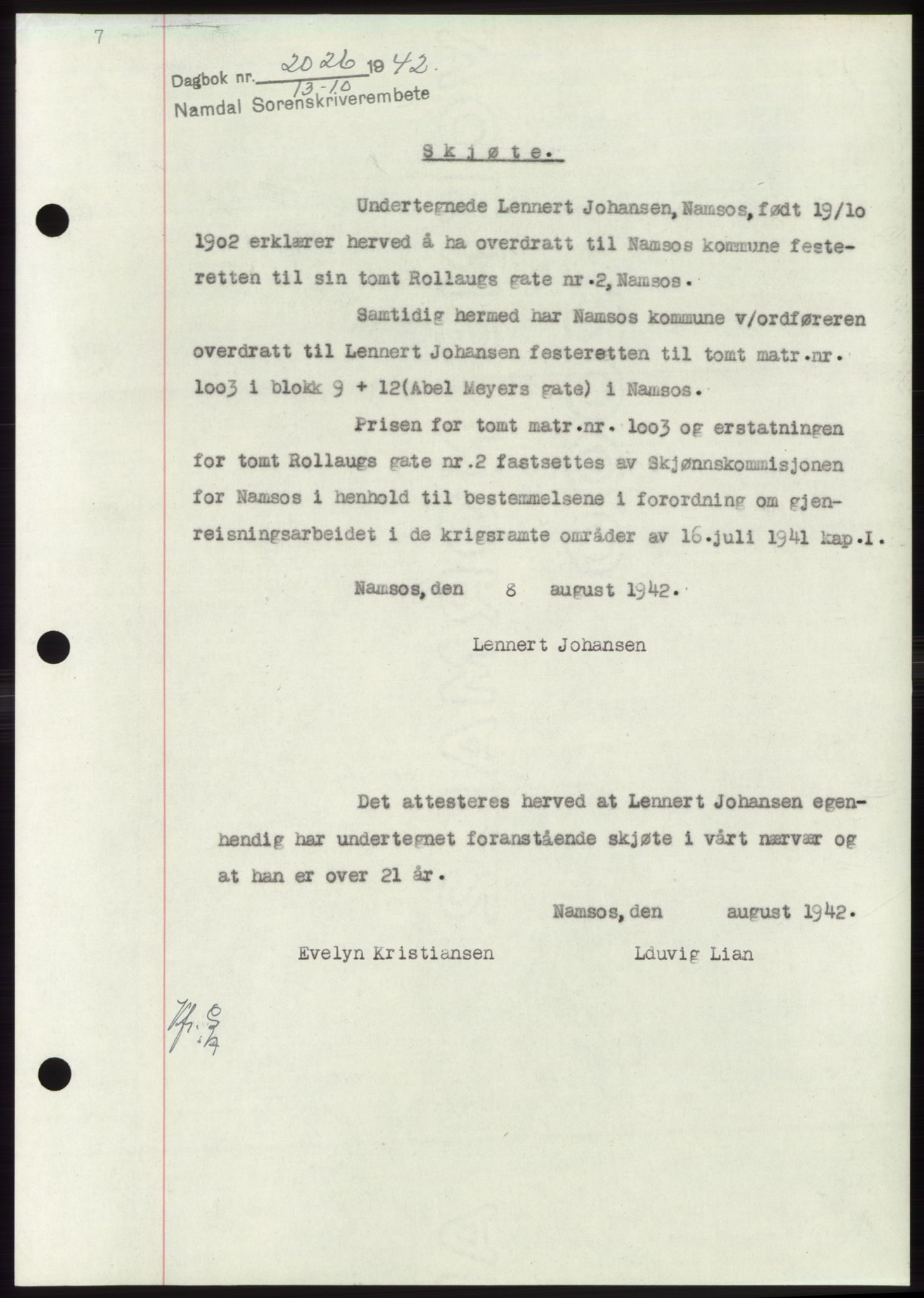 Namdal sorenskriveri, SAT/A-4133/1/2/2C: Pantebok nr. -, 1942-1943, Dagboknr: 2026/1942