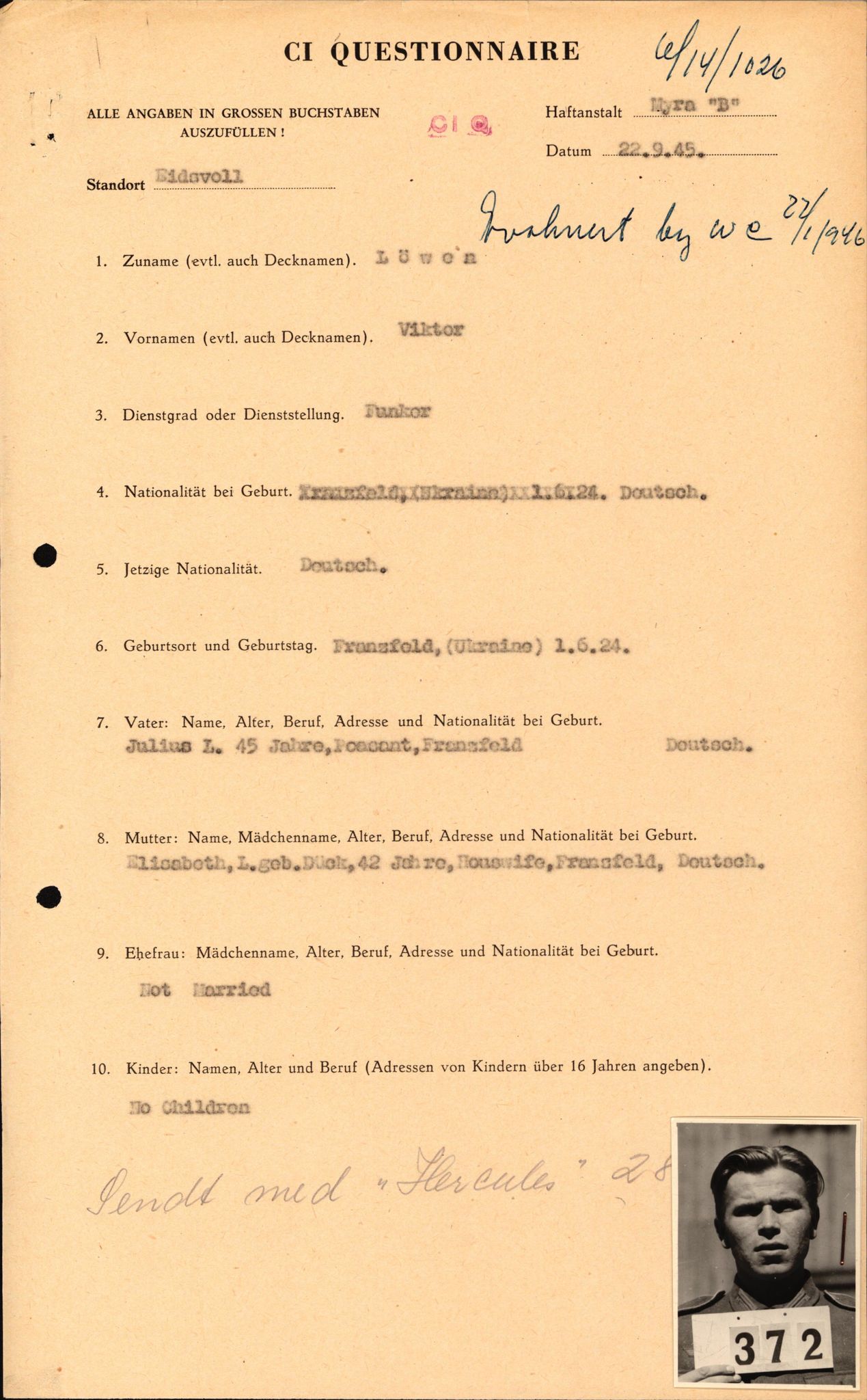Forsvaret, Forsvarets overkommando II, RA/RAFA-3915/D/Db/L0020: CI Questionaires. Tyske okkupasjonsstyrker i Norge. Tyskere., 1945-1946, s. 510