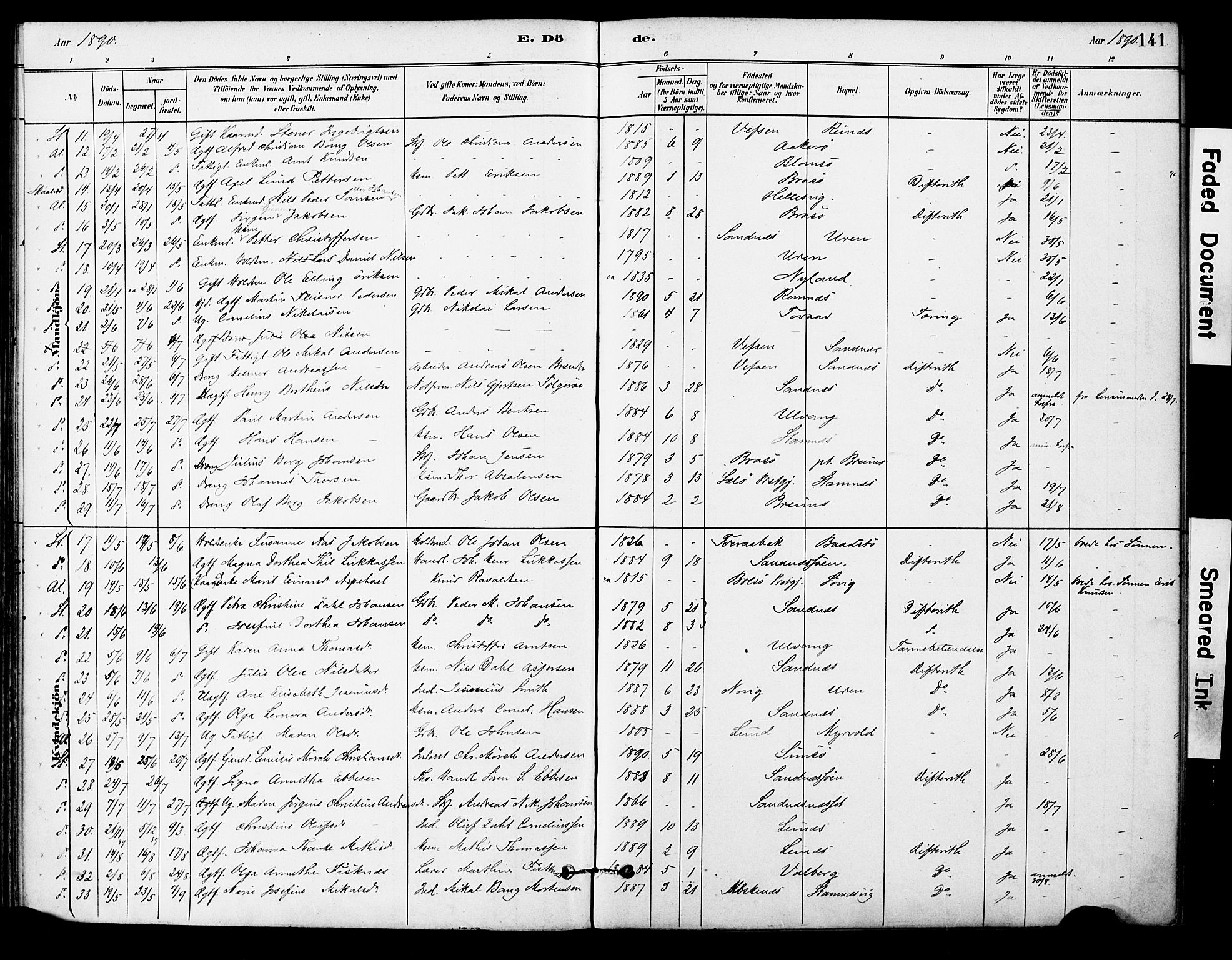 Ministerialprotokoller, klokkerbøker og fødselsregistre - Nordland, AV/SAT-A-1459/830/L0450: Ministerialbok nr. 830A14, 1879-1896, s. 141