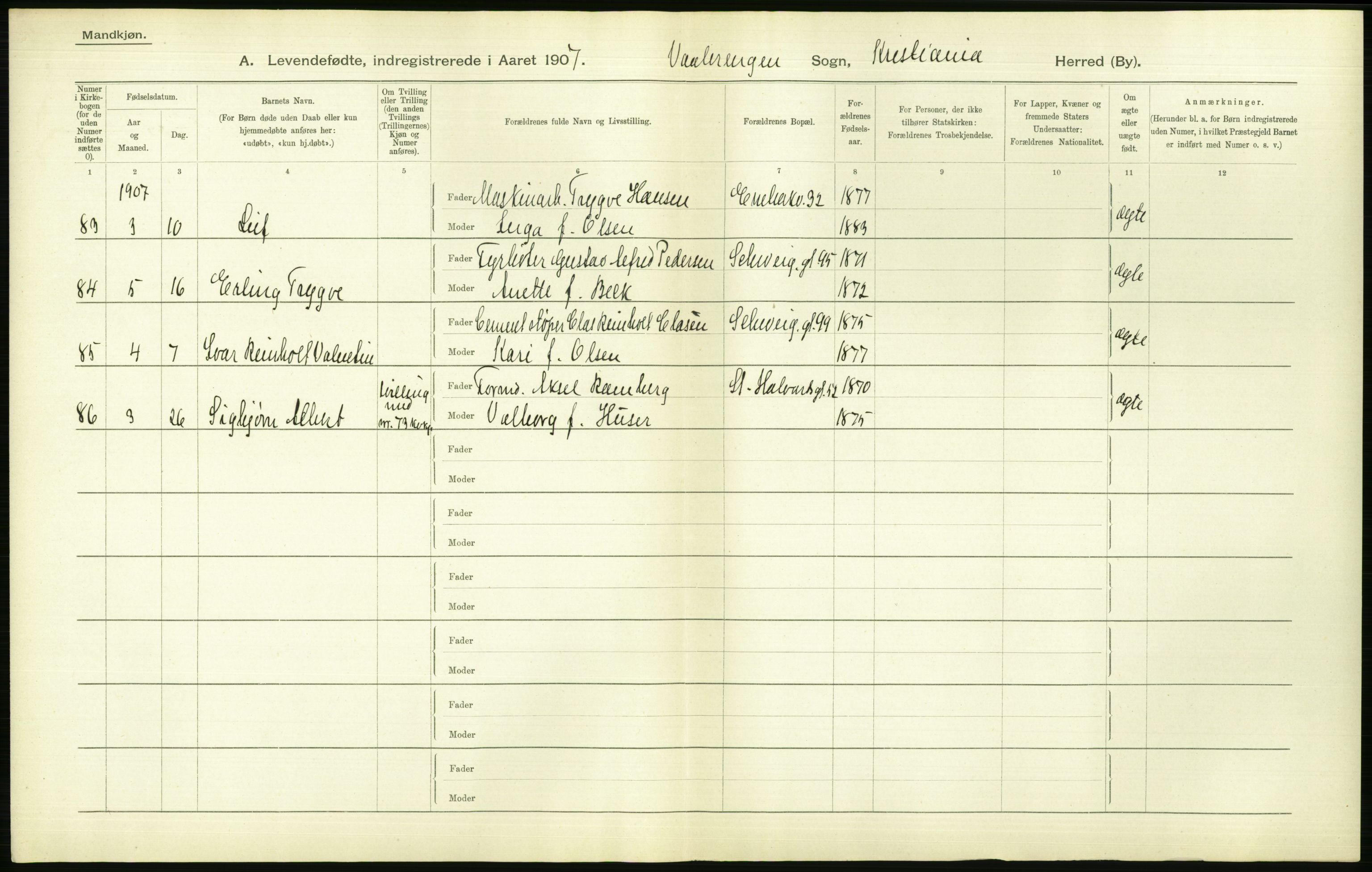 Statistisk sentralbyrå, Sosiodemografiske emner, Befolkning, AV/RA-S-2228/D/Df/Dfa/Dfae/L0007: Kristiania: Levendefødte menn og kvinner., 1907, s. 598