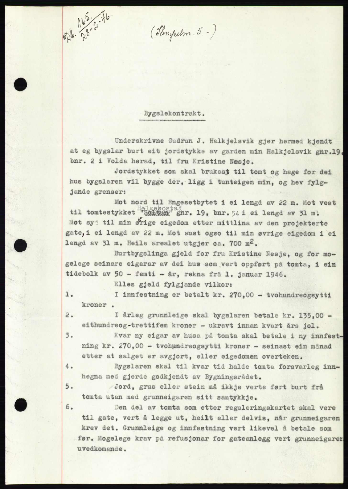 Søre Sunnmøre sorenskriveri, SAT/A-4122/1/2/2C/L0078: Pantebok nr. 4A, 1946-1946, Dagboknr: 165/1946