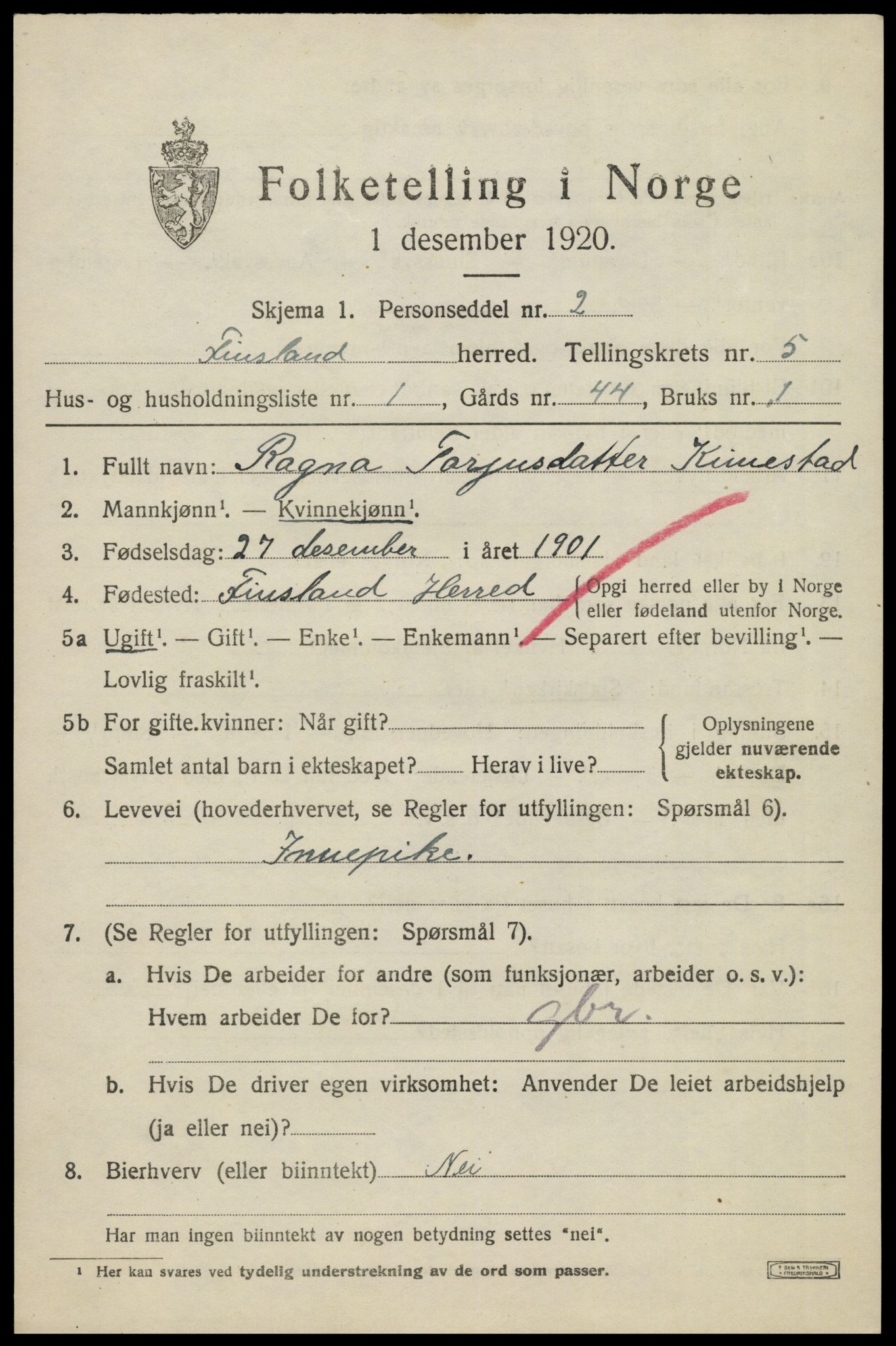 SAK, Folketelling 1920 for 1023 Finsland herred, 1920, s. 1816