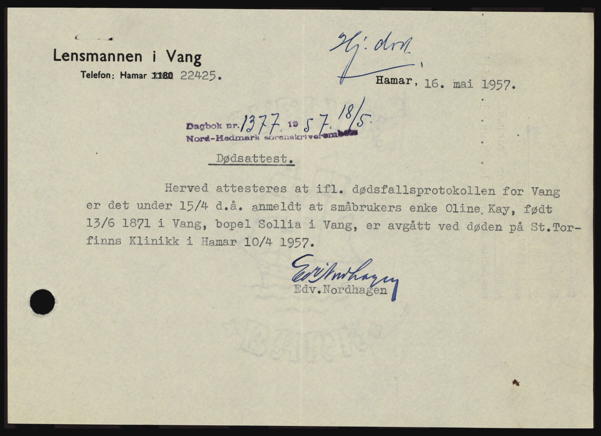 Nord-Hedmark sorenskriveri, SAH/TING-012/H/Hc/L0011: Pantebok nr. 11, 1956-1957, Dagboknr: 1377/1957