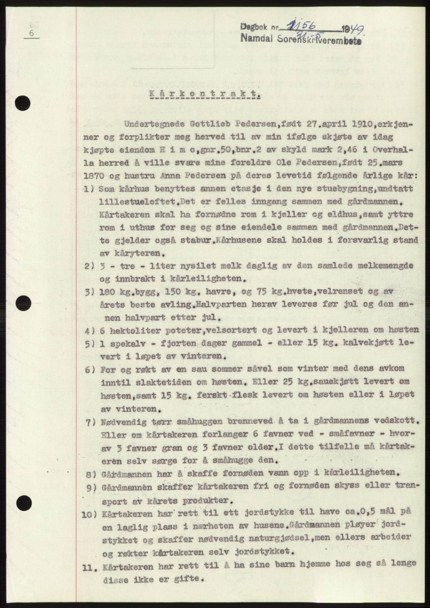Namdal sorenskriveri, SAT/A-4133/1/2/2C: Pantebok nr. -, 1949-1949, Dagboknr: 1156/1949