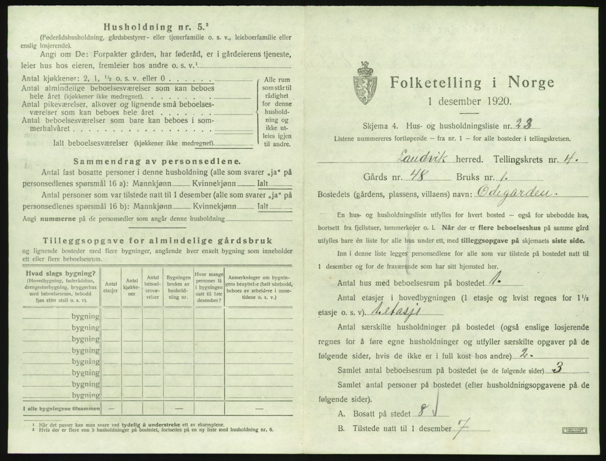 SAK, Folketelling 1920 for 0924 Landvik herred, 1920, s. 726