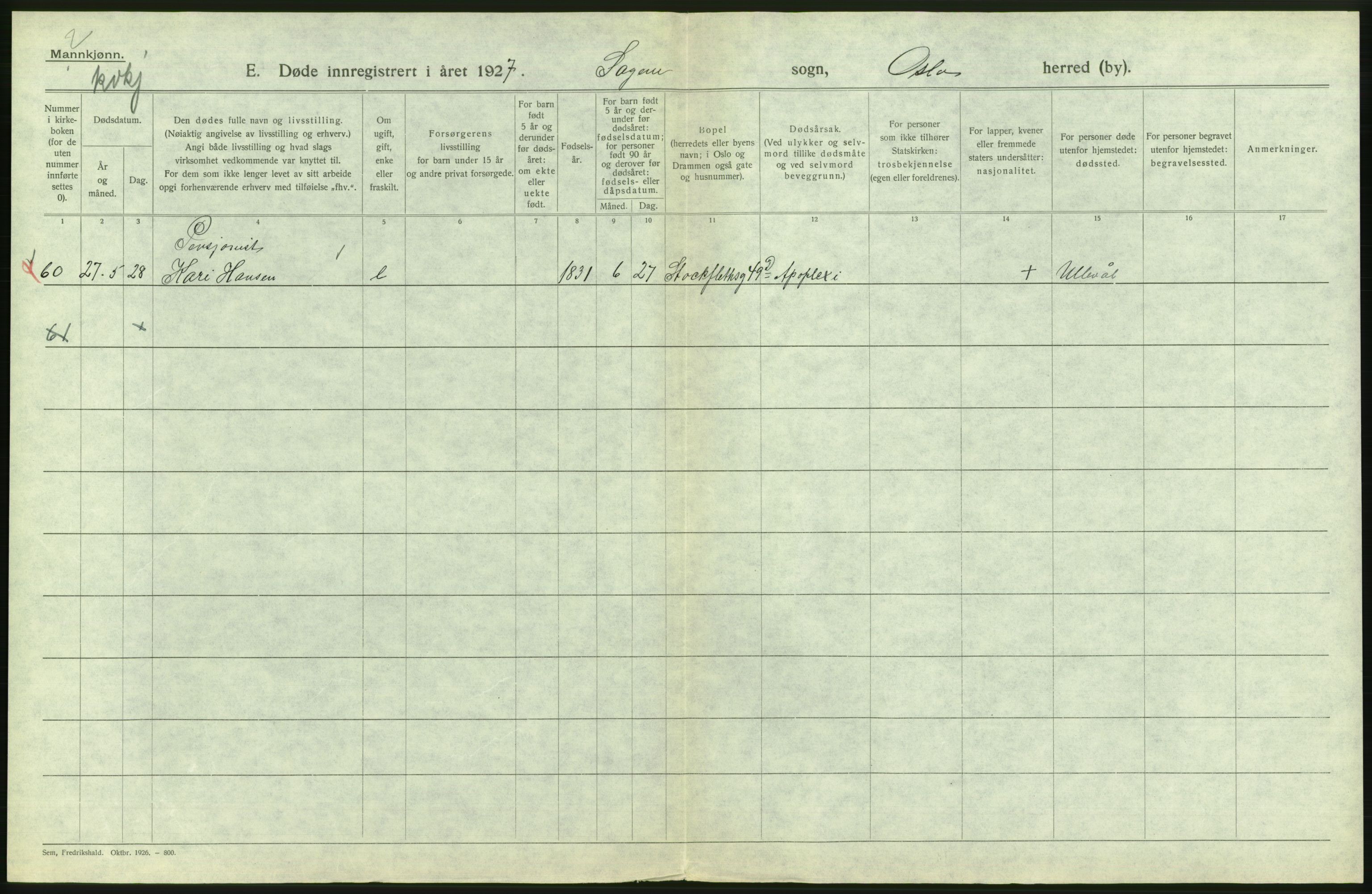 Statistisk sentralbyrå, Sosiodemografiske emner, Befolkning, AV/RA-S-2228/D/Df/Dfc/Dfcg/L0010: Oslo: Døde kvinner, dødfødte, 1927, s. 510