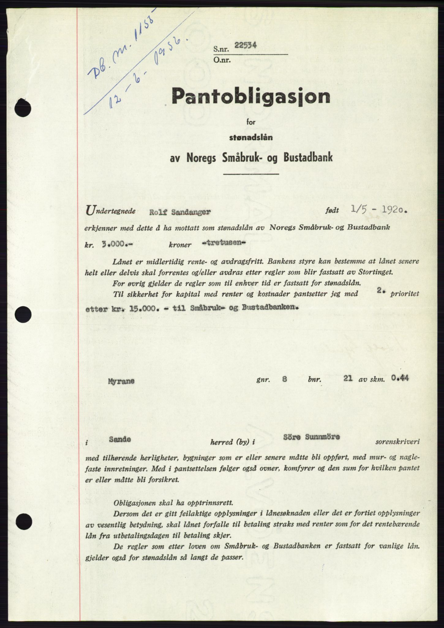 Søre Sunnmøre sorenskriveri, SAT/A-4122/1/2/2C/L0128: Pantebok nr. 16B, 1956-1956, Dagboknr: 1156/1956