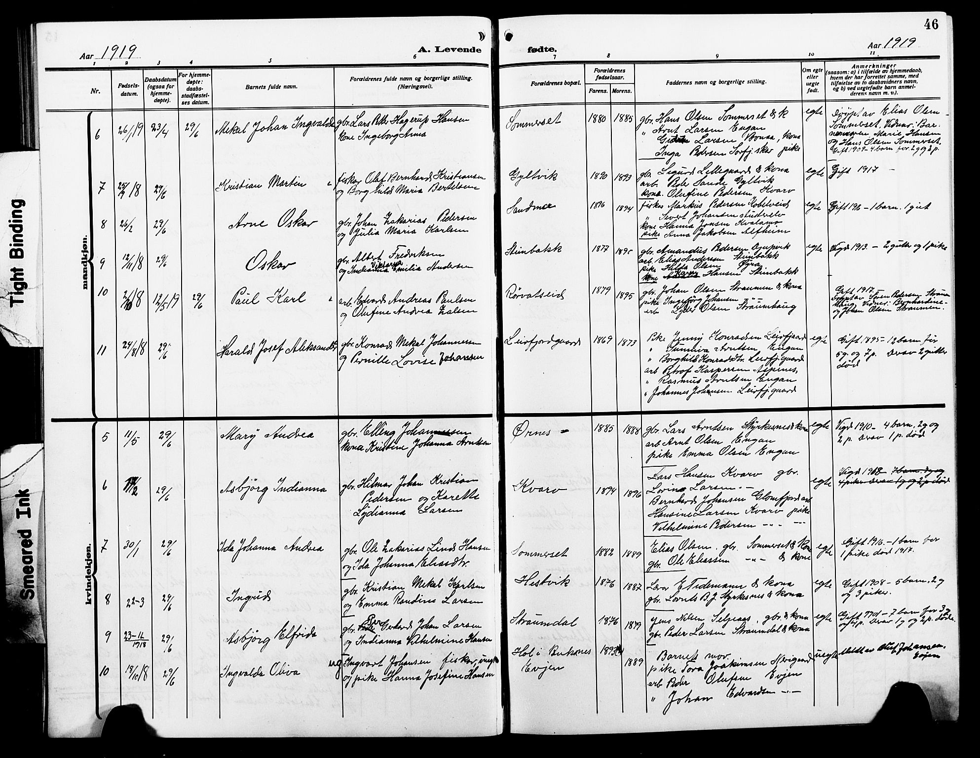 Ministerialprotokoller, klokkerbøker og fødselsregistre - Nordland, AV/SAT-A-1459/854/L0787: Klokkerbok nr. 854C03, 1913-1926, s. 46