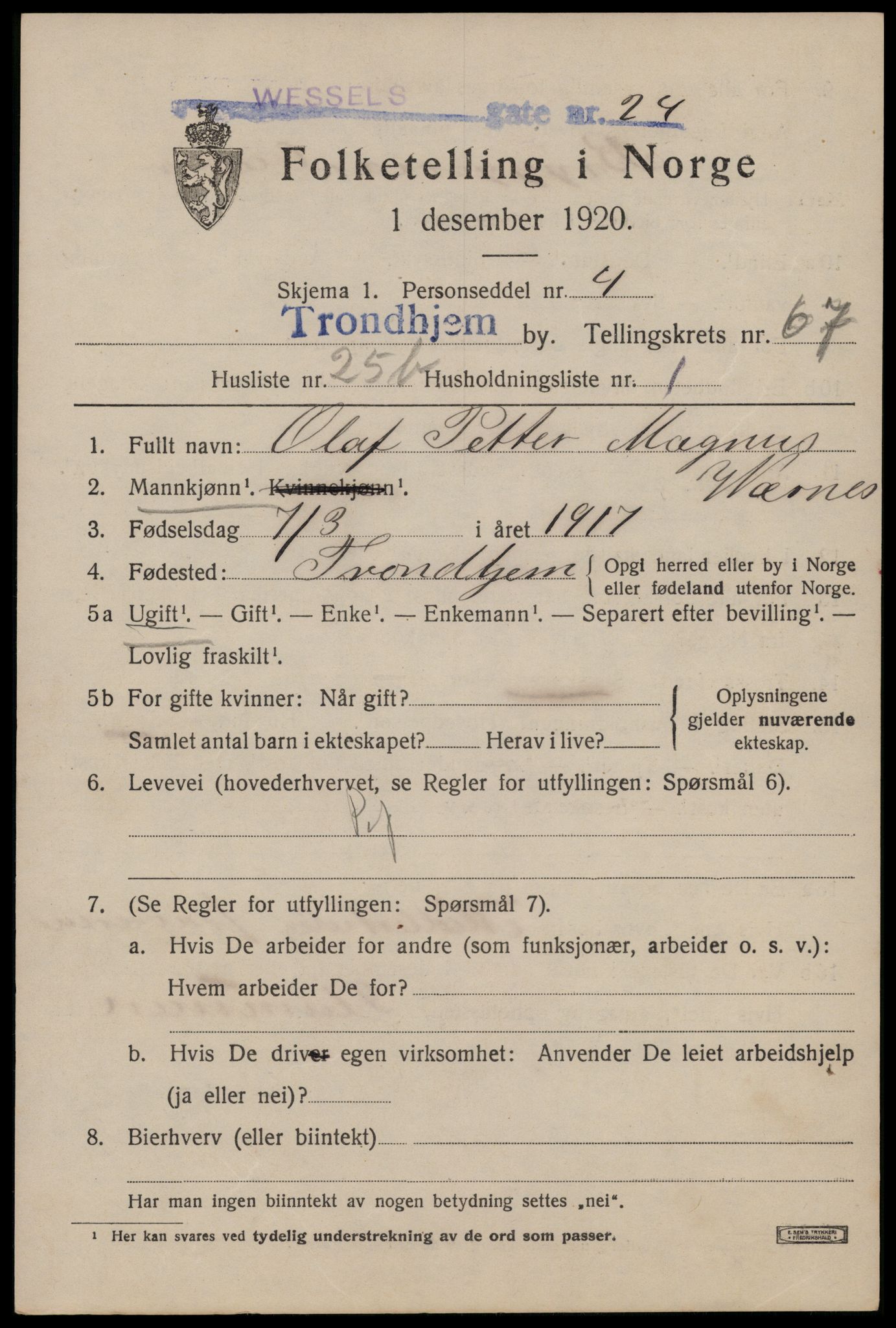 SAT, Folketelling 1920 for 1601 Trondheim kjøpstad, 1920, s. 133696