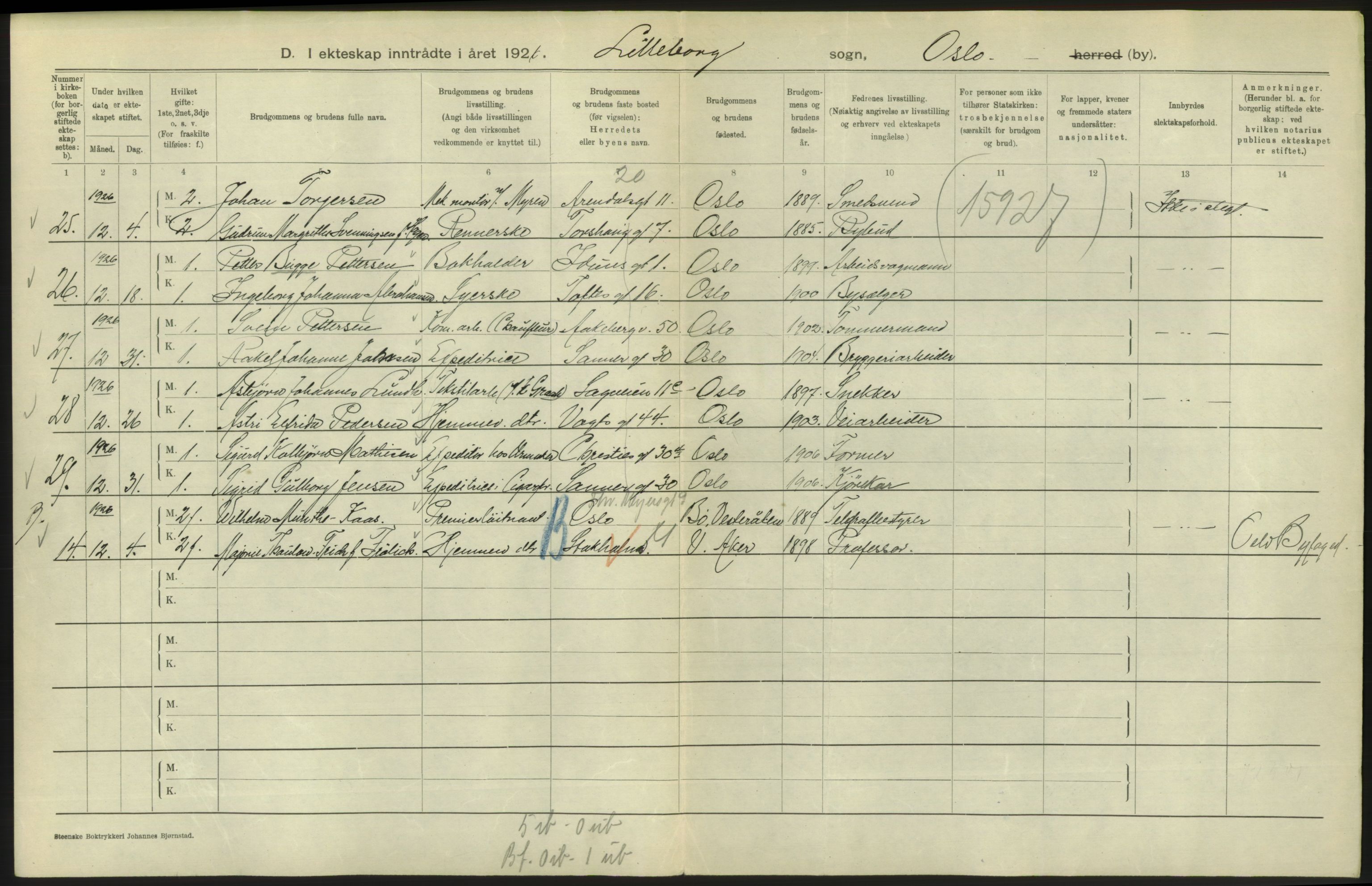 Statistisk sentralbyrå, Sosiodemografiske emner, Befolkning, AV/RA-S-2228/D/Df/Dfc/Dfcf/L0008: Oslo: Gifte, 1926, s. 858