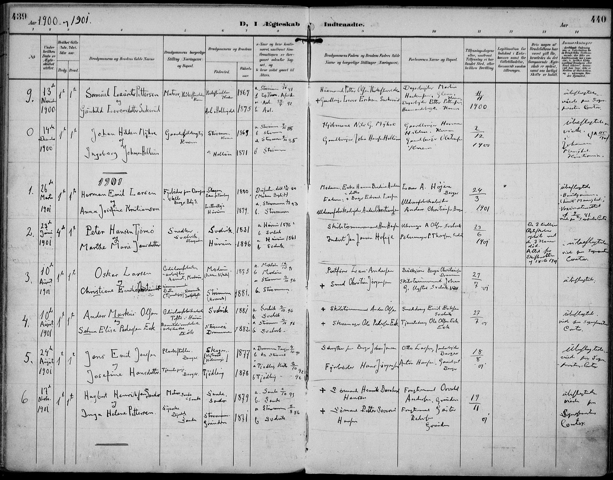 Strømm kirkebøker, AV/SAKO-A-322/F/Fa/L0005: Ministerialbok nr. I 5, 1898-1919, s. 439-440