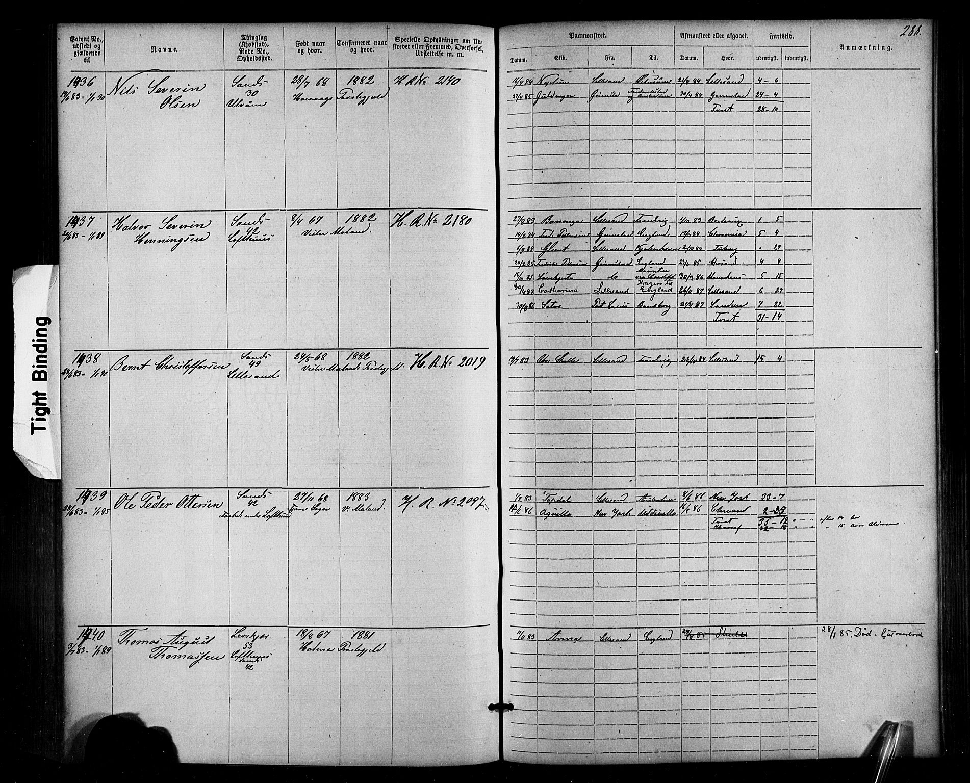 Lillesand mønstringskrets, SAK/2031-0014/F/Fa/L0002: Annotasjonsrulle nr 1-1910 med register, W-8, 1868-1891, s. 294