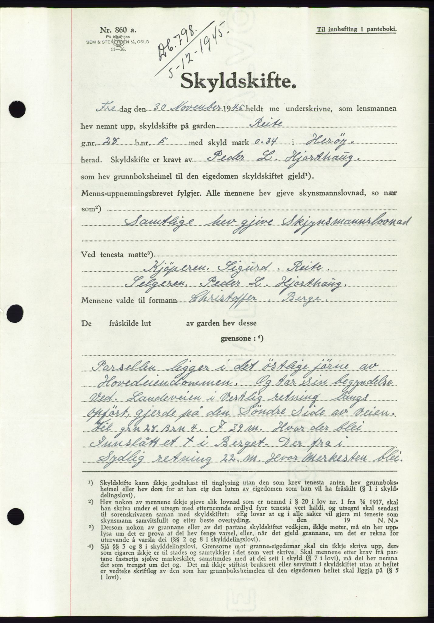 Søre Sunnmøre sorenskriveri, AV/SAT-A-4122/1/2/2C/L0077: Pantebok nr. 3A, 1945-1946, Dagboknr: 798/1945