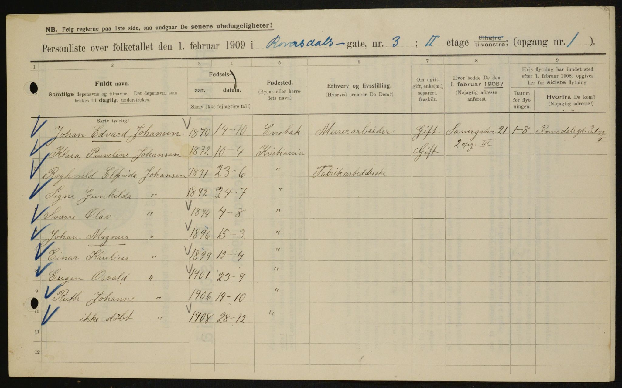 OBA, Kommunal folketelling 1.2.1909 for Kristiania kjøpstad, 1909, s. 75429