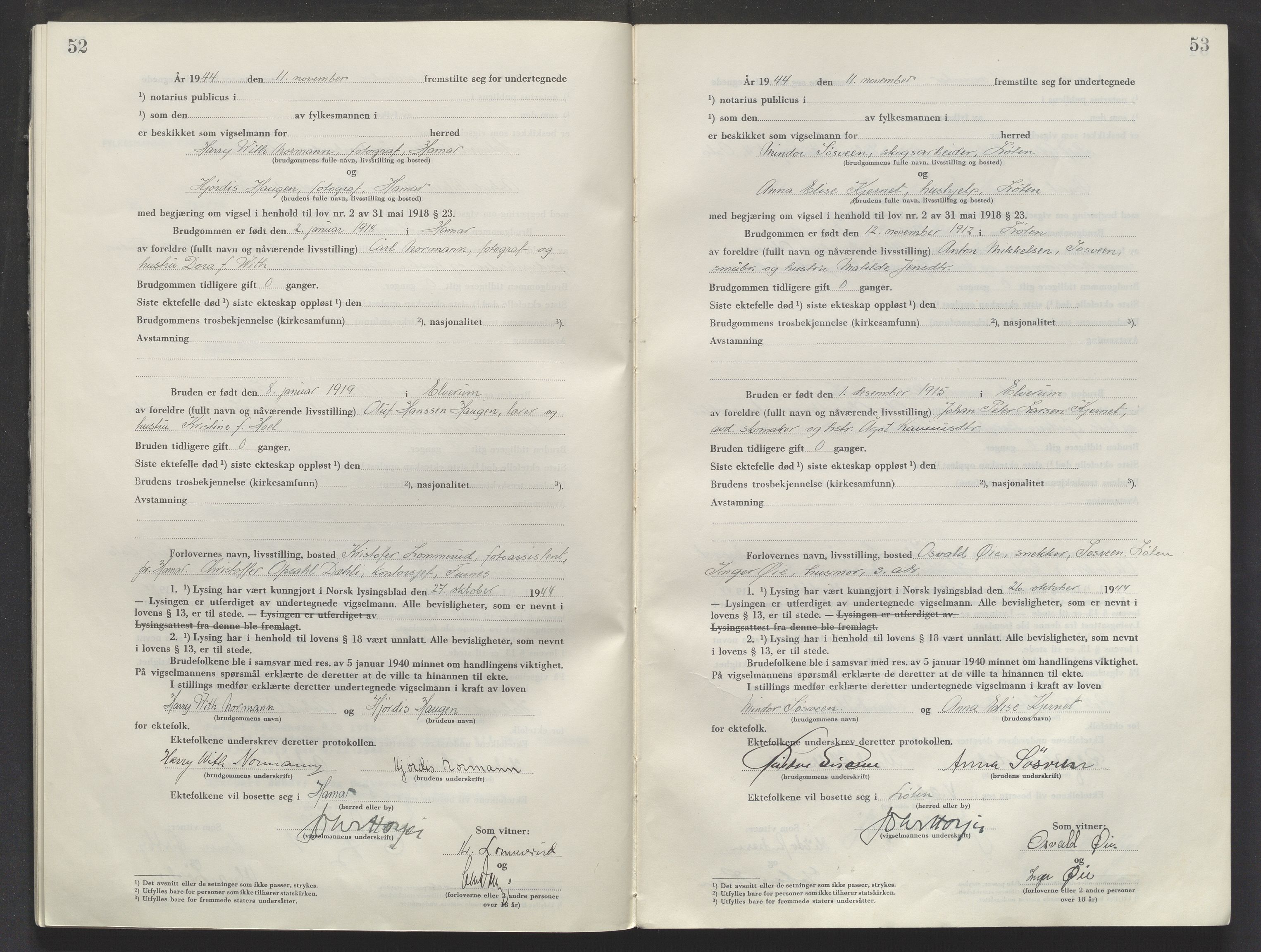 Sør-Hedmark sorenskriveri, AV/SAH-TING-014/L/Le/L0002/0001: Vigselsbøker / Vigselbok, 1944-1945, s. 52-53