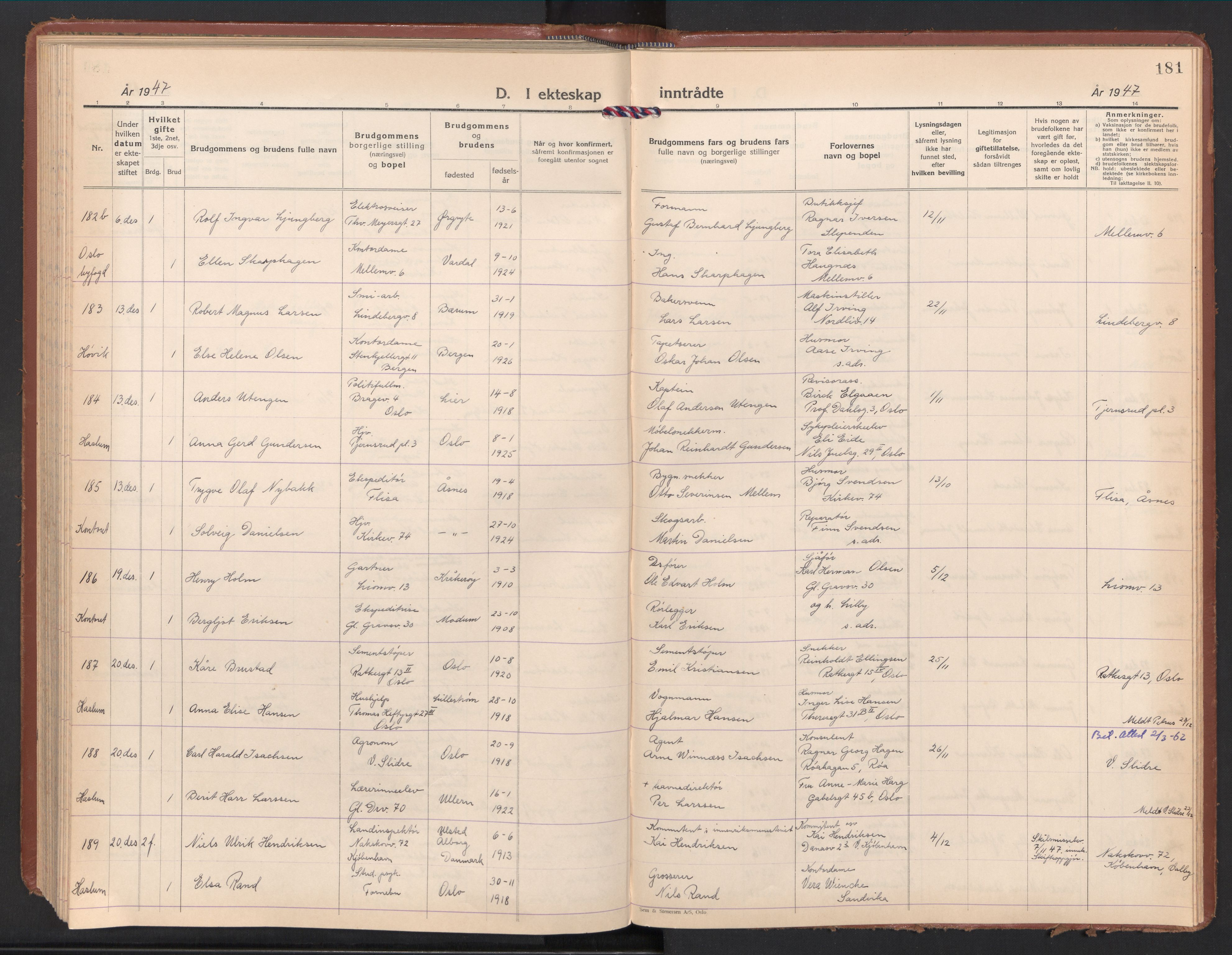 Østre Bærum prestekontor Kirkebøker, AV/SAO-A-10887/F/Fa/L0008: Ministerialbok nr. 8, 1940-1948, s. 181