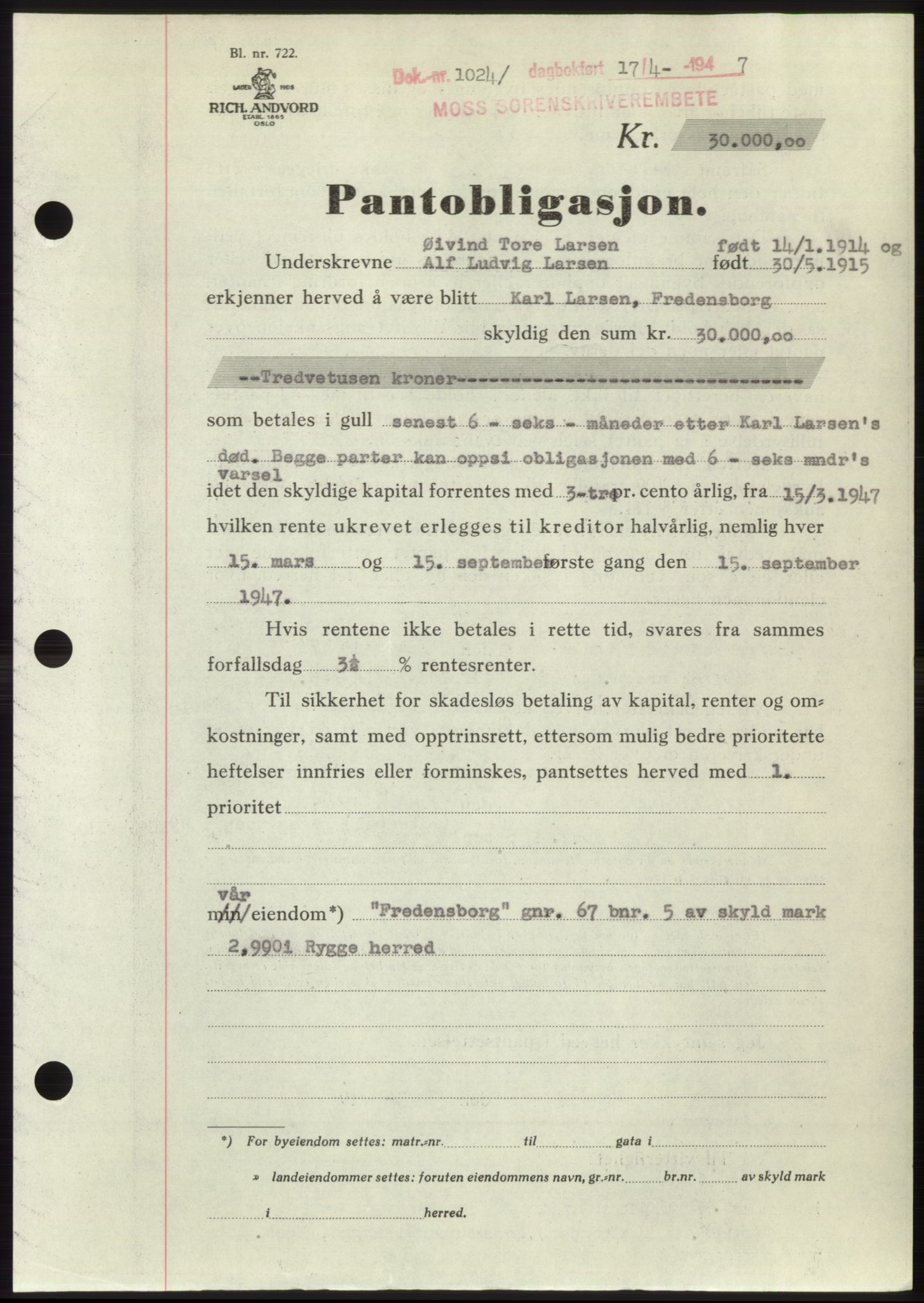 Moss sorenskriveri, SAO/A-10168: Pantebok nr. B17, 1947-1947, Dagboknr: 1024/1947