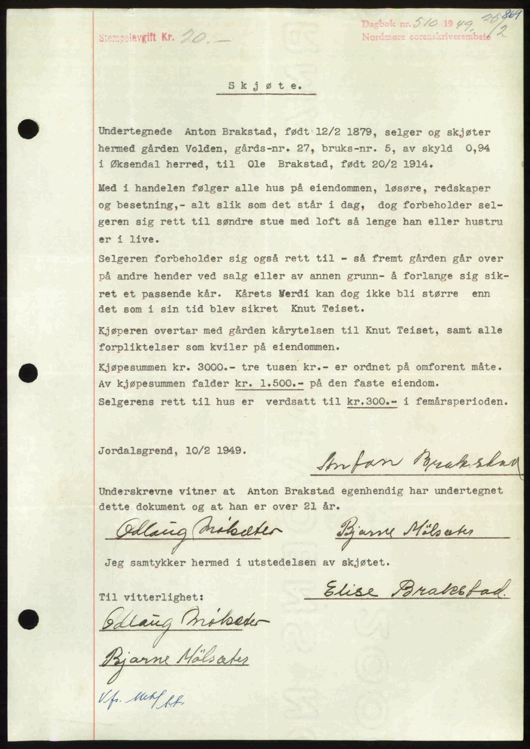 Nordmøre sorenskriveri, SAT/A-4132/1/2/2Ca: Pantebok nr. A110, 1948-1949, Dagboknr: 510/1949