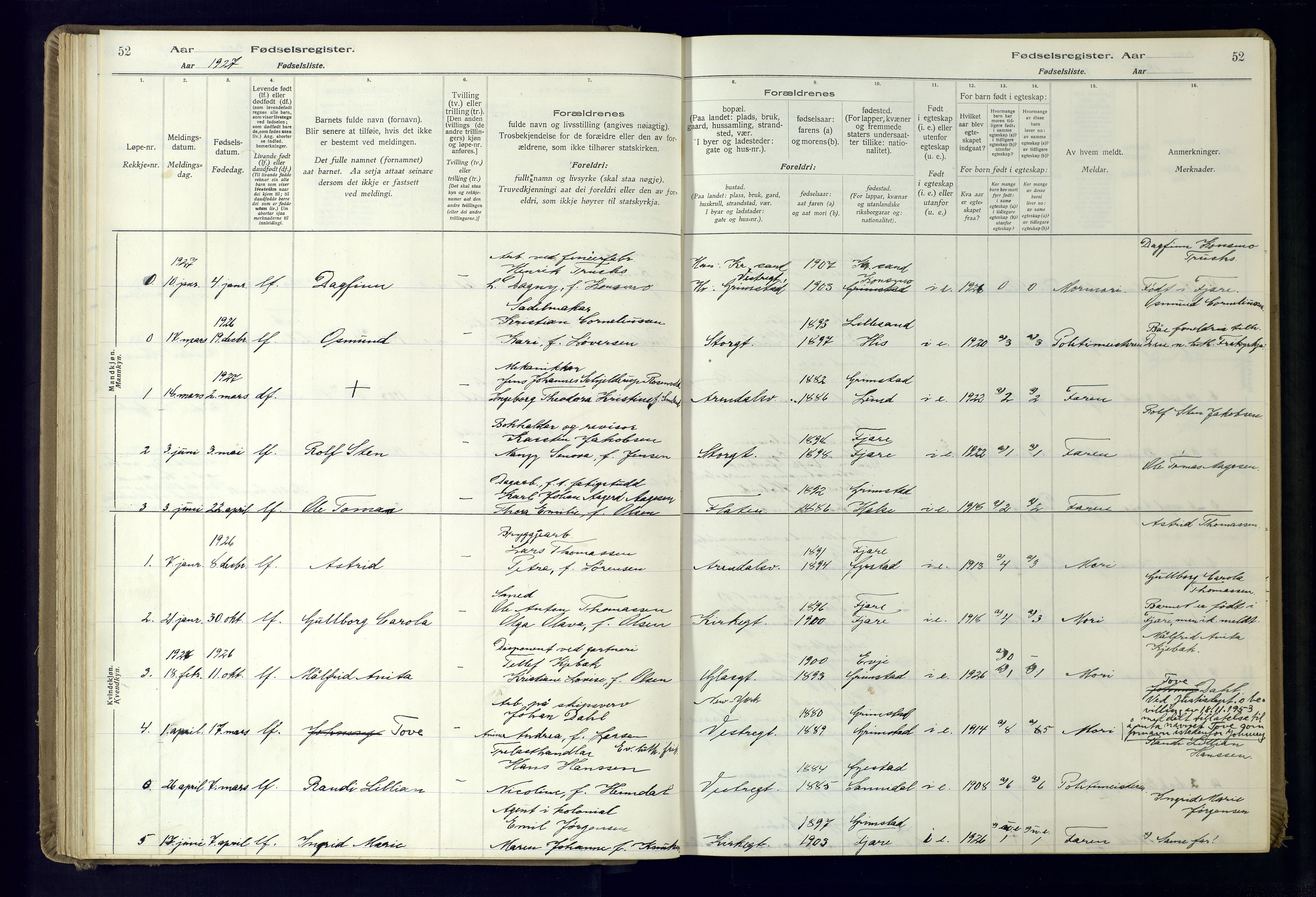 Grimstad sokneprestkontor, SAK/1111-0017/J/Ja/L0001: Fødselsregister nr. 1, 1916-1960, s. 52