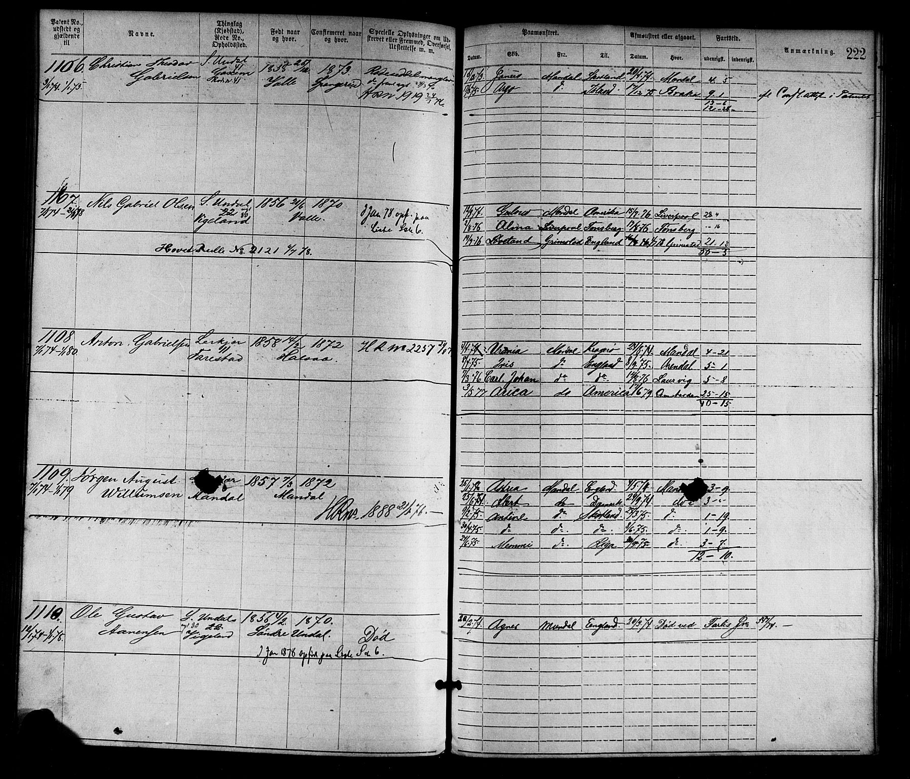 Mandal mønstringskrets, SAK/2031-0016/F/Fa/L0001: Annotasjonsrulle nr 1-1920 med register, L-3, 1869-1881, s. 257