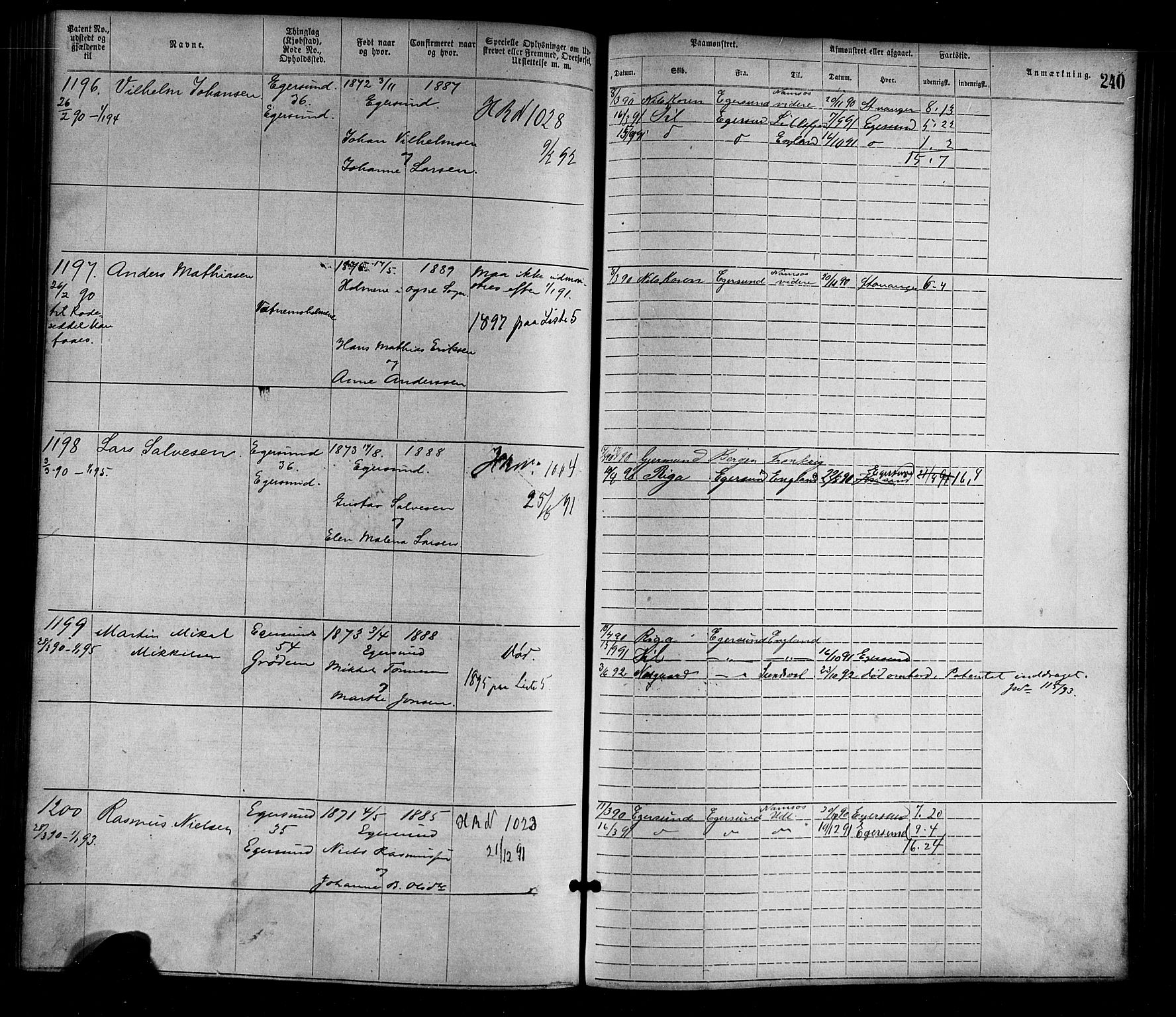 Egersund mønstringskrets, SAK/2031-0019/F/Fa/L0001: Annotasjonsrulle nr 1-1440 med register, O-1, 1869-1895, s. 265