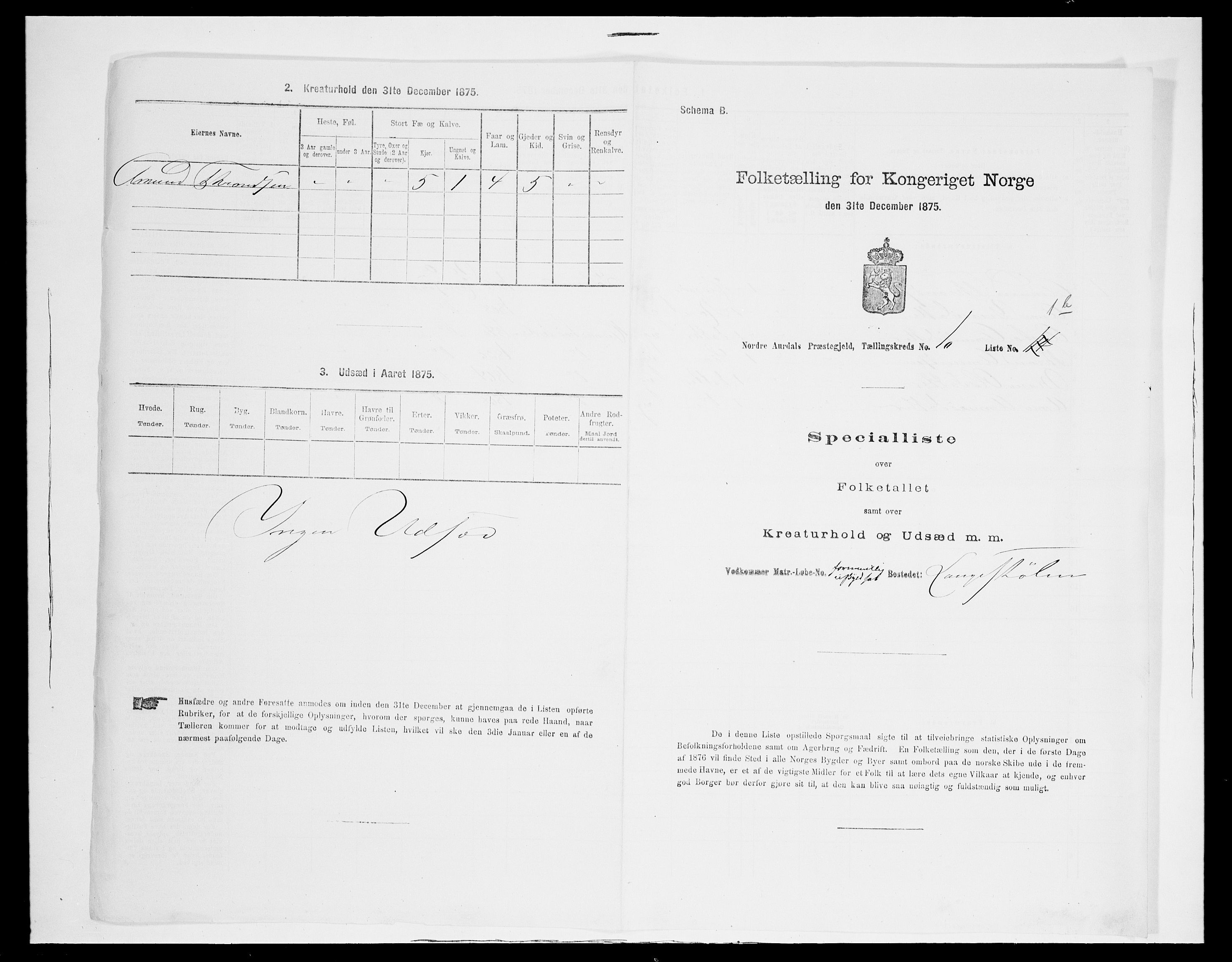 SAH, Folketelling 1875 for 0542P Nord-Aurdal prestegjeld, 1875, s. 1825