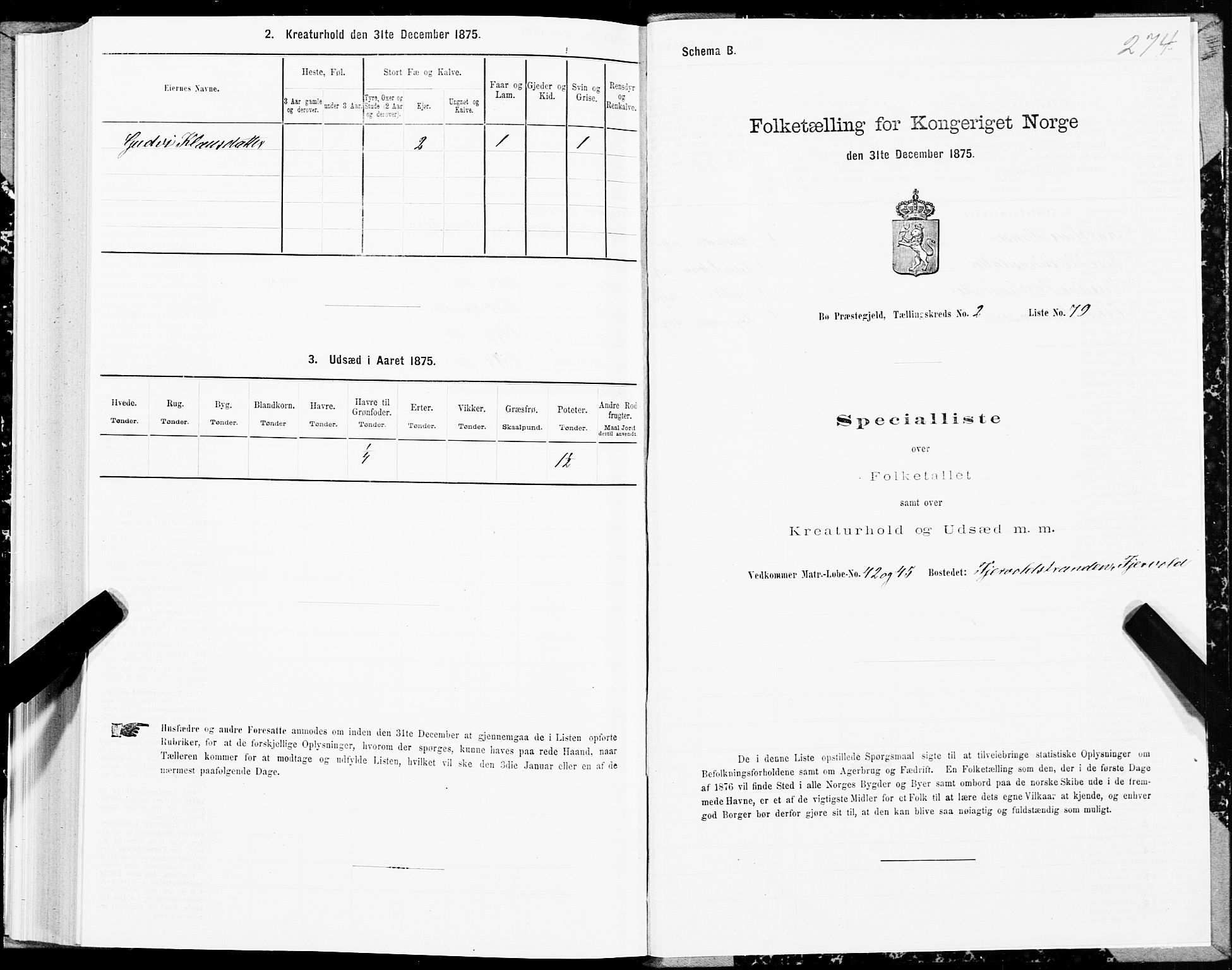 SAT, Folketelling 1875 for 1867P Bø prestegjeld, 1875, s. 1274