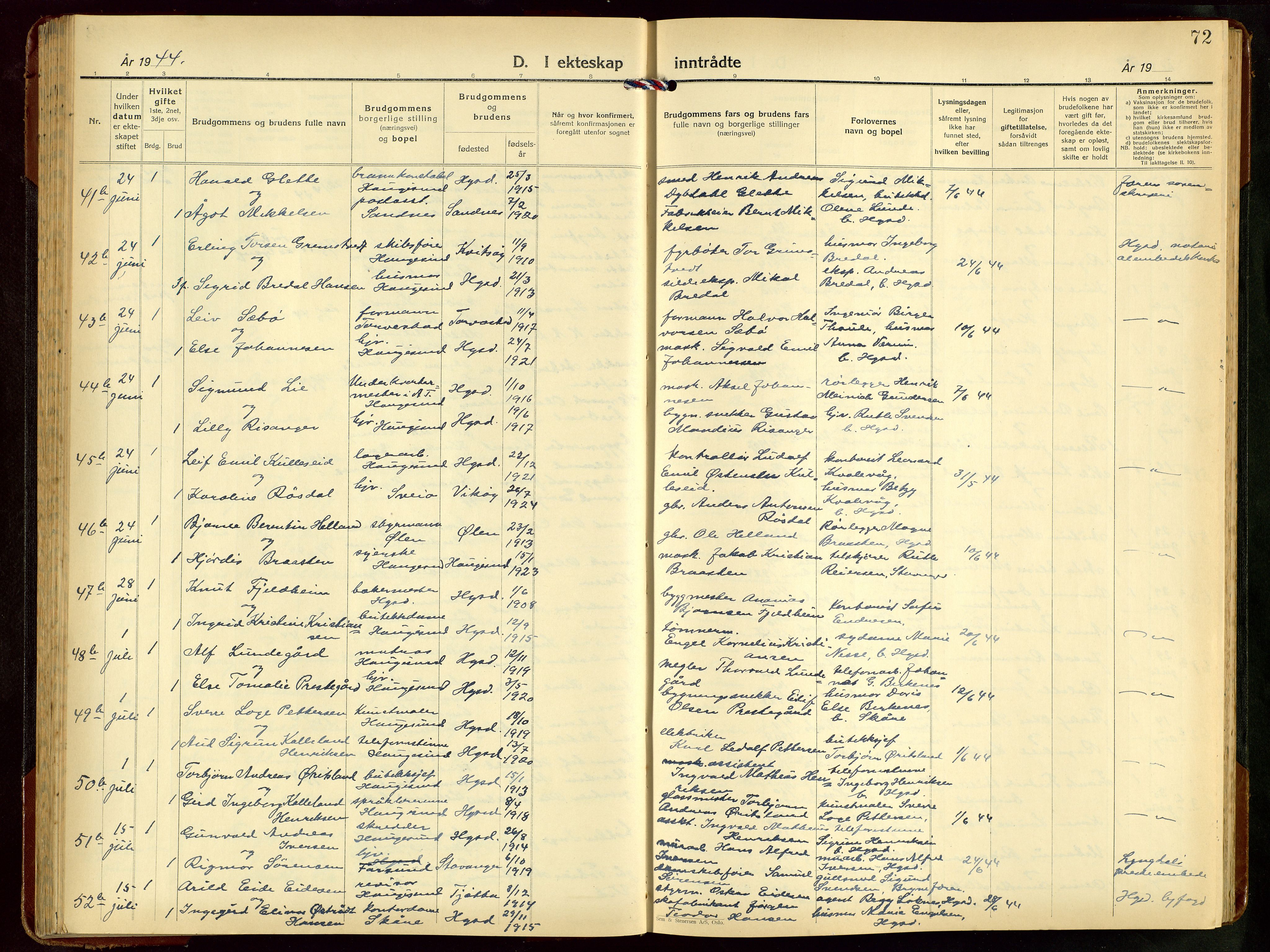Haugesund sokneprestkontor, AV/SAST-A -101863/H/Ha/Hab/L0014: Klokkerbok nr. B 14, 1940-1952, s. 72