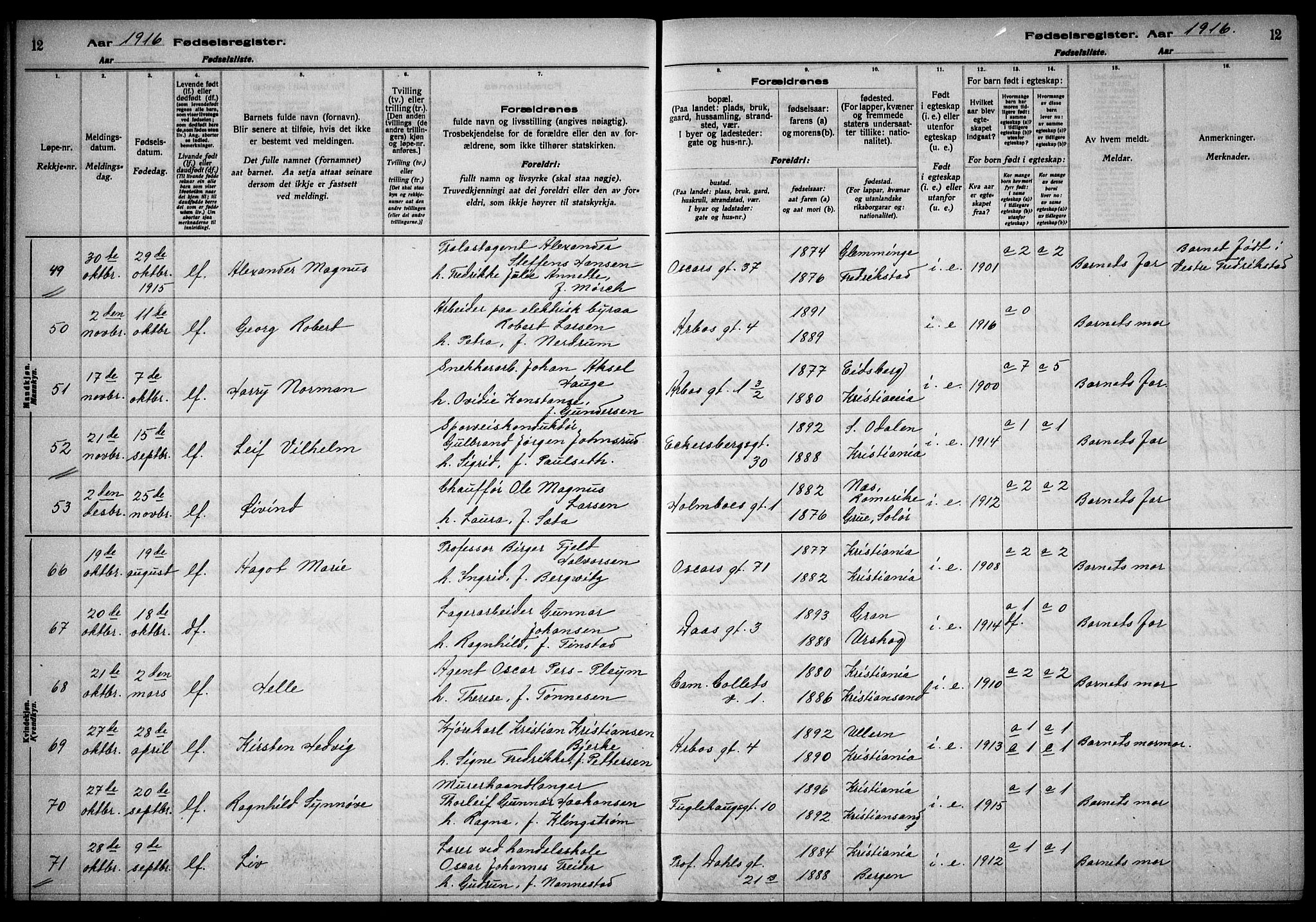 Uranienborg prestekontor Kirkebøker, AV/SAO-A-10877/J/Ja/L0001: Fødselsregister nr. 1, 1916-1930, s. 12