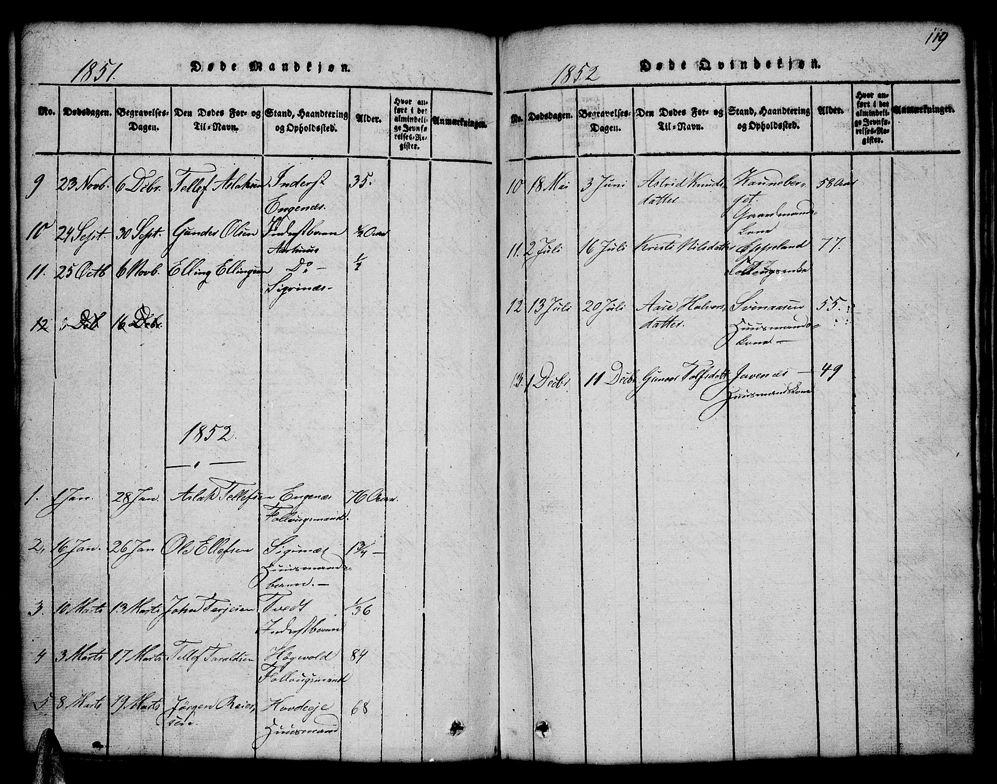 Åmli sokneprestkontor, SAK/1111-0050/F/Fb/Fbc/L0001: Klokkerbok nr. B 1, 1816-1867, s. 119