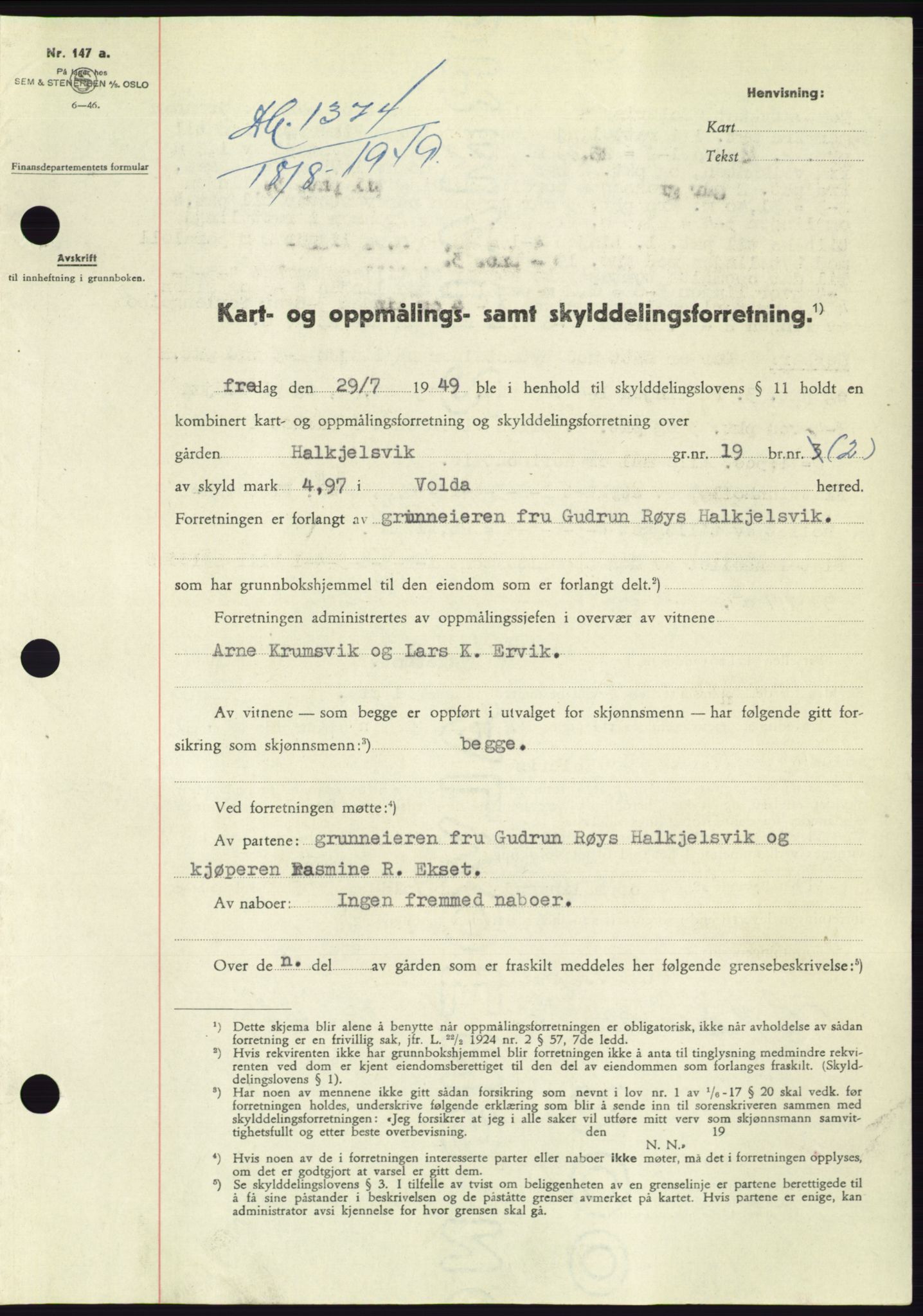 Søre Sunnmøre sorenskriveri, SAT/A-4122/1/2/2C/L0085: Pantebok nr. 11A, 1949-1949, Dagboknr: 1374/1949