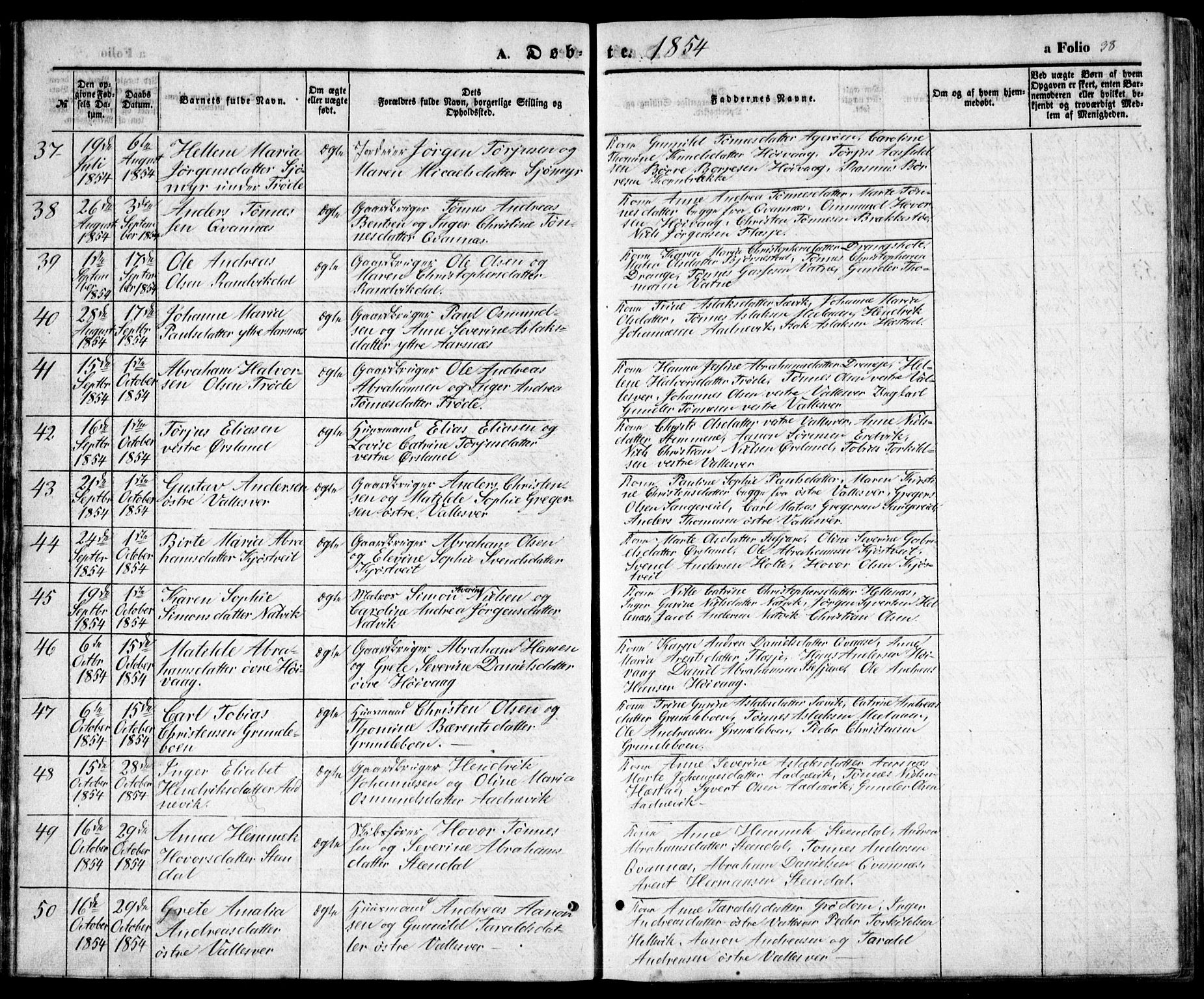 Høvåg sokneprestkontor, AV/SAK-1111-0025/F/Fb/L0002: Klokkerbok nr. B 2, 1847-1869, s. 38