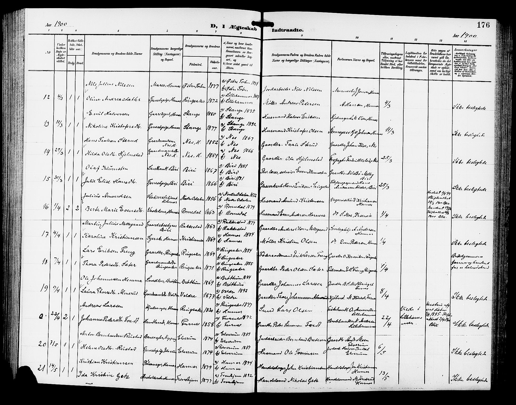 Hamar prestekontor, AV/SAH-DOMPH-002/H/Ha/Hab/L0001: Klokkerbok nr. 1, 1899-1914, s. 176