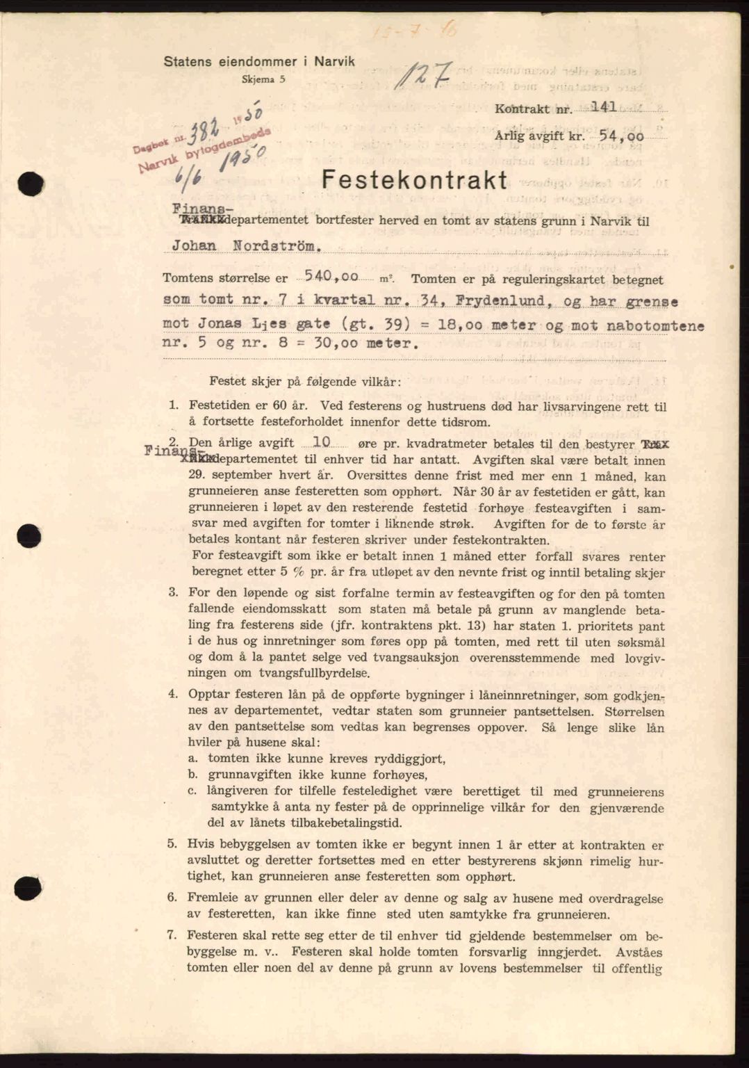 Narvik sorenskriveri, SAT/A-0002/1/2/2C/2Ca: Pantebok nr. A26, 1950-1950, Dagboknr: 382/1950