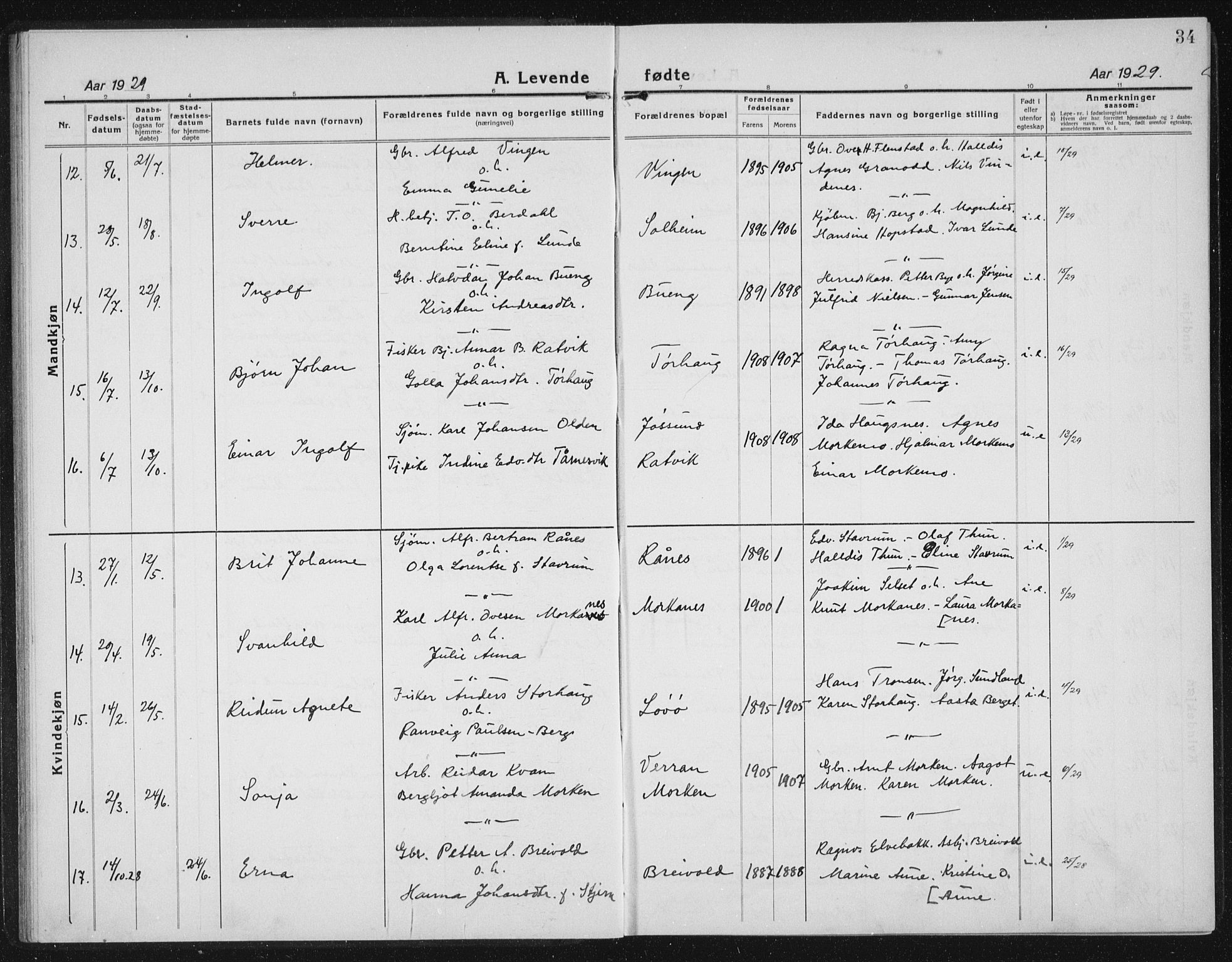 Ministerialprotokoller, klokkerbøker og fødselsregistre - Sør-Trøndelag, AV/SAT-A-1456/655/L0689: Klokkerbok nr. 655C05, 1922-1936, s. 34