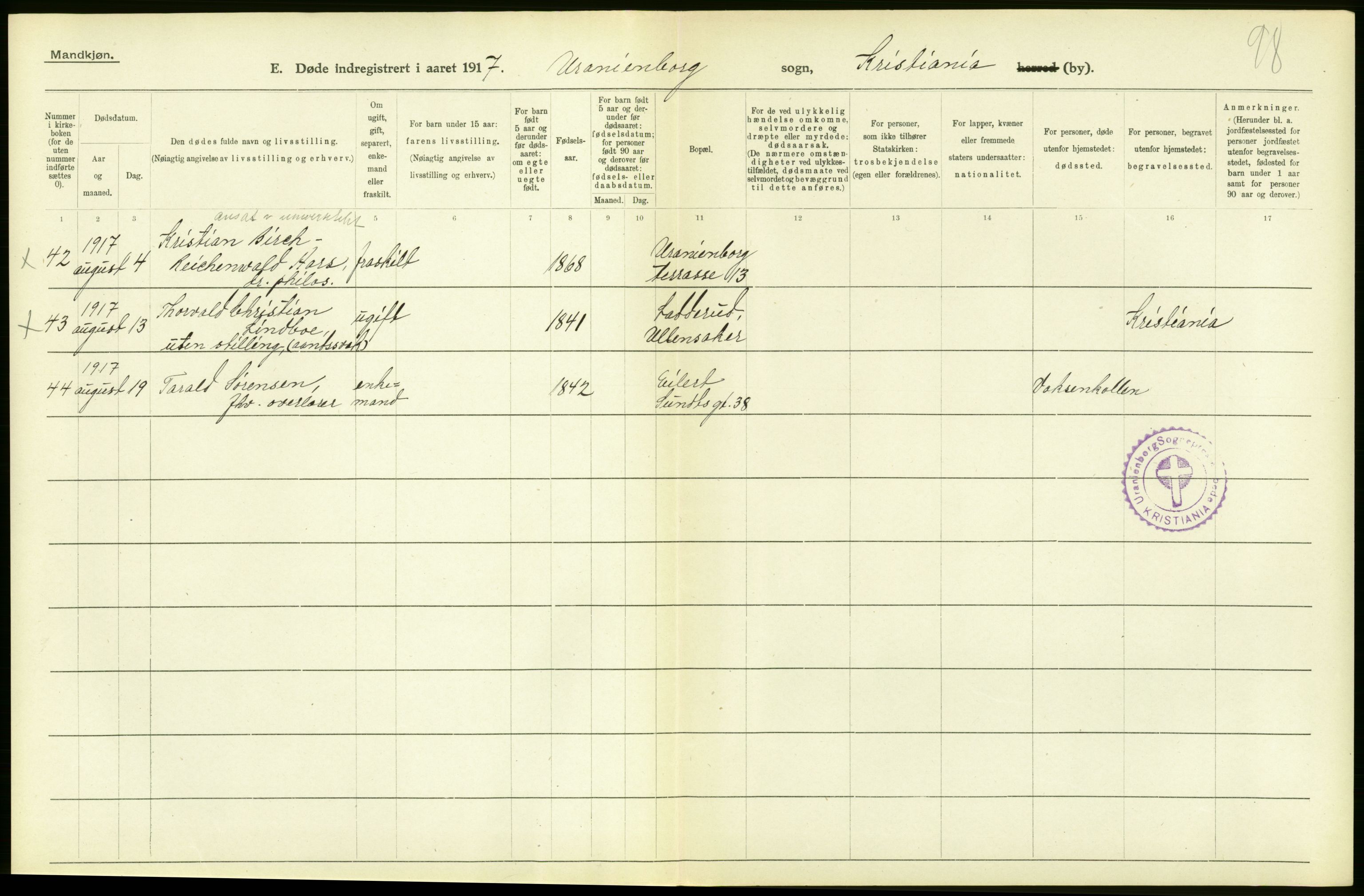 Statistisk sentralbyrå, Sosiodemografiske emner, Befolkning, AV/RA-S-2228/D/Df/Dfb/Dfbg/L0010: Kristiania: Døde, 1917, s. 450