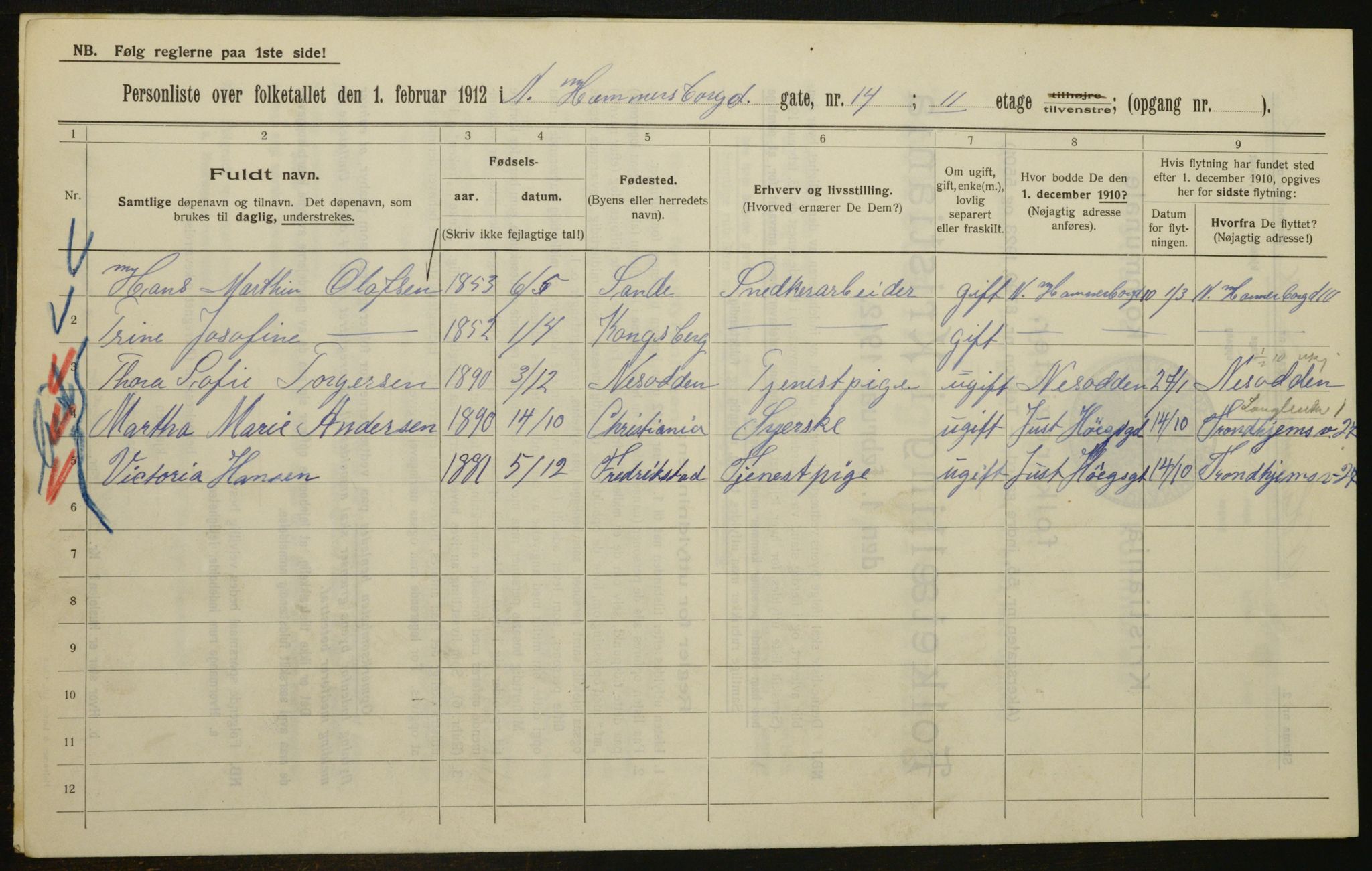 OBA, Kommunal folketelling 1.2.1912 for Kristiania, 1912, s. 70007