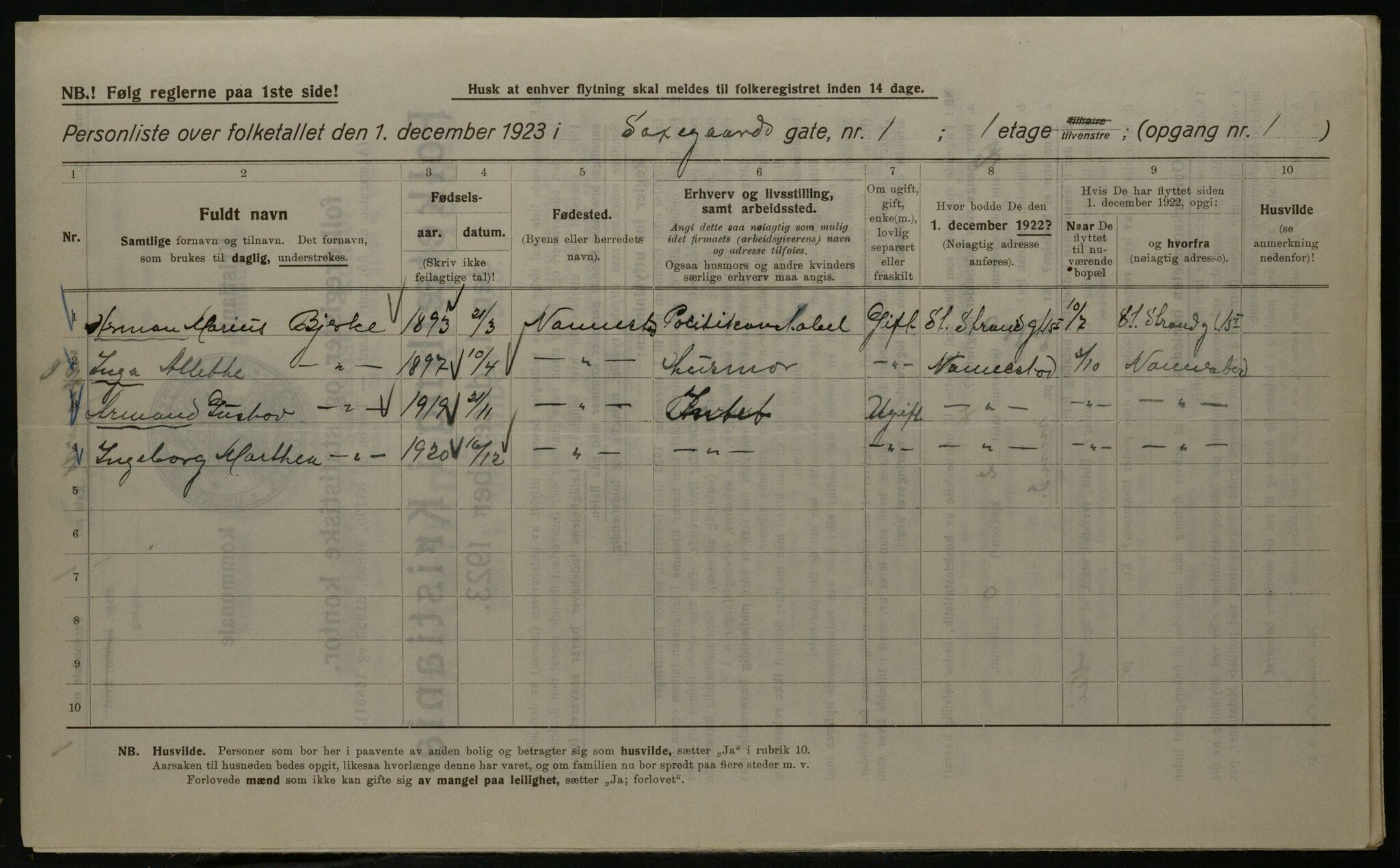 OBA, Kommunal folketelling 1.12.1923 for Kristiania, 1923, s. 99076